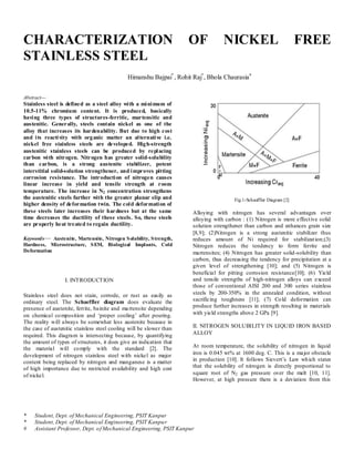 * Student, Dept. of Mechanical Engineering, PSIT Kanpur
* Student, Dept. of Mechanical Engineering, PSIT Kanpur
# Assistant Professor, Dept. of Mechanical Engineering, PSIT Kanpur
CHARACTERIZATION OF NICKEL FREE
STAINLESS STEEL
Himanshu Bajpai*
, Rohit Raj*
, Bhola Chaurasia#
Abstract---
Stainless steel is defined as a steel alloy with a minimum of
10.5-11% chromium content. It is produced, basically
having three types of structures-ferritic, martensitic and
austenitic. Generally, steels contain nickel as one of the
alloy that increases its hardenability. But due to high cost
and its reactivity with organic matter an alternative i.e.
nickel free stainless steels are developed. High-strength
austenitic stainless steels can be produced by replacing
carbon with nitrogen. Nitrogen has greater solid-solubility
than carbon, is a strong austenite stabilizer, potent
interstitial solid-solution strengthener, and improves pitting
corrosion resistance. The introduction of nitrogen causes
linear increase in yield and tensile strength at room
temperature. The increase in N2 concentration strengthens
the austenitic steels further with the greater planar slip and
higher density of deformation twin. The cold deformation of
these steels later increases their hardness but at the same
time decreases the ductility of these steels. So, these steels
are properly heat treated to regain ductility.
Keywords— Austenite, Martensite, Nitrogen Solubility, Strength,
Hardness, Microstructure, SEM, Biological Implants, Cold
Deformation
I. INTRODUCTION
Stainless steel does not stain, corrode, or rust as easily as
ordinary steel. The Schaeffler diagram does evaluate the
presence of austenite, ferrite, bainite and martensite depending
on chemical composition and ‘proper cooling’ after pouring.
The reality will always be somewhat less austenite because in
the case of austenitic stainless steel cooling will be slower than
required. This diagram is intersecting because, by quantifying
the amount of types of structures, it does give an indication that
the material will comply with the standard [2]. The
development of nitrogen stainless steel with nickel as major
content being replaced by nitrogen and manganese is a matter
of high importance due to restricted availability and high cost
of nickel.
Fig.1-Schauffler Diagram [2]
Alloying with nitrogen has several advantages over
alloying with carbon : (1) Nitrogen is more effective solid
solution strengthener than carbon and enhances grain size
[8,9]; (2)Nitrogen is a strong austenitic stabilizer thus
reduces amount of Ni required for stabilization;(3)
Nitrogen reduces the tendency to form ferrite and
martensites; (4) Nitrogen has greater solid-solubility than
carbon, thus decreasing the tendency for precipitation at a
given level of strengthening [10]; and (5) Nitrogen is
beneficial for pitting corrosion resistance[10]; (6) Yield
and tensile strengths of high-nitrogen alloys can exceed
those of conventional AISI 200 and 300 series stainless
steels by 200-350% in the annealed condition, without
sacrificing toughness [11]; (7) Cold deformation can
produce further increases in strength resulting in materials
with yield strengths above 2 GPa [9].
II. NITROGEN SOLUBILITY IN LIQUID IRON BASED
ALLOY
At room temperature, the solubility of nitrogen in liquid
iron is 0.045 wt% at 1600 deg. C. This is a major obstacle
in production [10]. It follows Sievert’s Law which states
that the solubility of nitrogen is directly proportional to
square root of N2 gas pressure over the melt [10, 11].
However, at high pressure there is a deviation from this
 