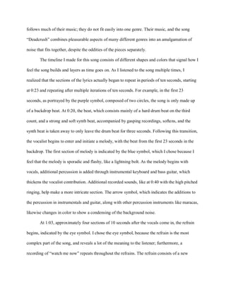 follows much of their music; they do not fit easily into one genre. Their music, and the song
“Deadcrush” combines pleasurable aspects of many different genres into an amalgamation of
noise that fits together, despite the oddities of the pieces separately.
The timeline I made for this song consists of different shapes and colors that signal how I
feel the song builds and layers as time goes on. As I listened to the song multiple times, I
realized that the sections of the lyrics actually began to repeat in periods of ten seconds, starting
at 0:23 and repeating after multiple iterations of ten seconds. For example, in the first 23
seconds, as portrayed by the purple symbol, composed of two circles, the song is only made up
of a backdrop beat. At 0:20, the beat, which consists mainly of a hard drum beat on the third
count, and a strong and soft synth beat, accompanied by gasping recordings, softens, and the
synth beat is taken away to only leave the drum beat for three seconds. Following this transition,
the vocalist begins to enter and initiate a melody, with the beat from the first 23 seconds in the
backdrop. The first section of melody is indicated by the blue symbol, which I chose because I
feel that the melody is sporadic and flashy, like a lightning bolt. As the melody begins with
vocals, additional percussion is added through instrumental keyboard and bass guitar, which
thickens the vocalist contribution. Additional recorded sounds, like at 0:40 with the high pitched
ringing, help make a more intricate section. The arrow symbol, which indicates the additions to
the percussion in instrumentals and guitar, along with other percussion instruments like maracas,
likewise changes in color to show a condensing of the background noise.
At 1:03, approximately four sections of 10 seconds after the vocals come in, the refrain
begins, indicated by the eye symbol. I chose the eye symbol, because the refrain is the most
complex part of the song, and reveals a lot of the meaning to the listener; furthermore, a
recording of “watch me now” repeats throughout the refrains. The refrain consists of a new
 