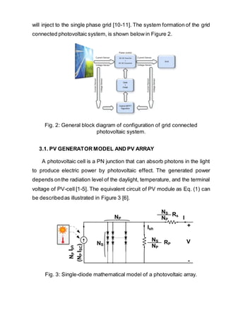 will inject to the single phase grid [10-11]. The system formation of the grid
connected photovoltaic system, is shown below in Figure 2.
DC-AC Inverter
+
DC-DC Conveter
Grid
Hybrid MPPT
Algorithm
Gate
+
PWM
Current Sensor
CurrentSensor
VoltageSensor
CurrentSensor
VoltageSensor
Voltage Sensor
Current Sensor
Voltage Sensor
Power control
Fig. 2: General block diagram of configuration of grid connected
photovoltaic system.
3.1. PV GENERATOR MODEL AND PV ARRAY
A photovoltaic cell is a PN junction that can absorb photons in the light
to produce electric power by photovoltaic effect. The generated power
depends onthe radiation level of the daylight, temperature, and the terminal
voltage of PV-cell [1-5]. The equivalent circuit of PV module as Eq. (1) can
be describedas illustrated in Figure 3 [6].
Fig. 3: Single-diode mathematical model of a photovoltaic array.
Ish
RP
Rs
V
+
I
-
NP
NS
NS
NP
NS
NP
(NPISC)
IphNP
 