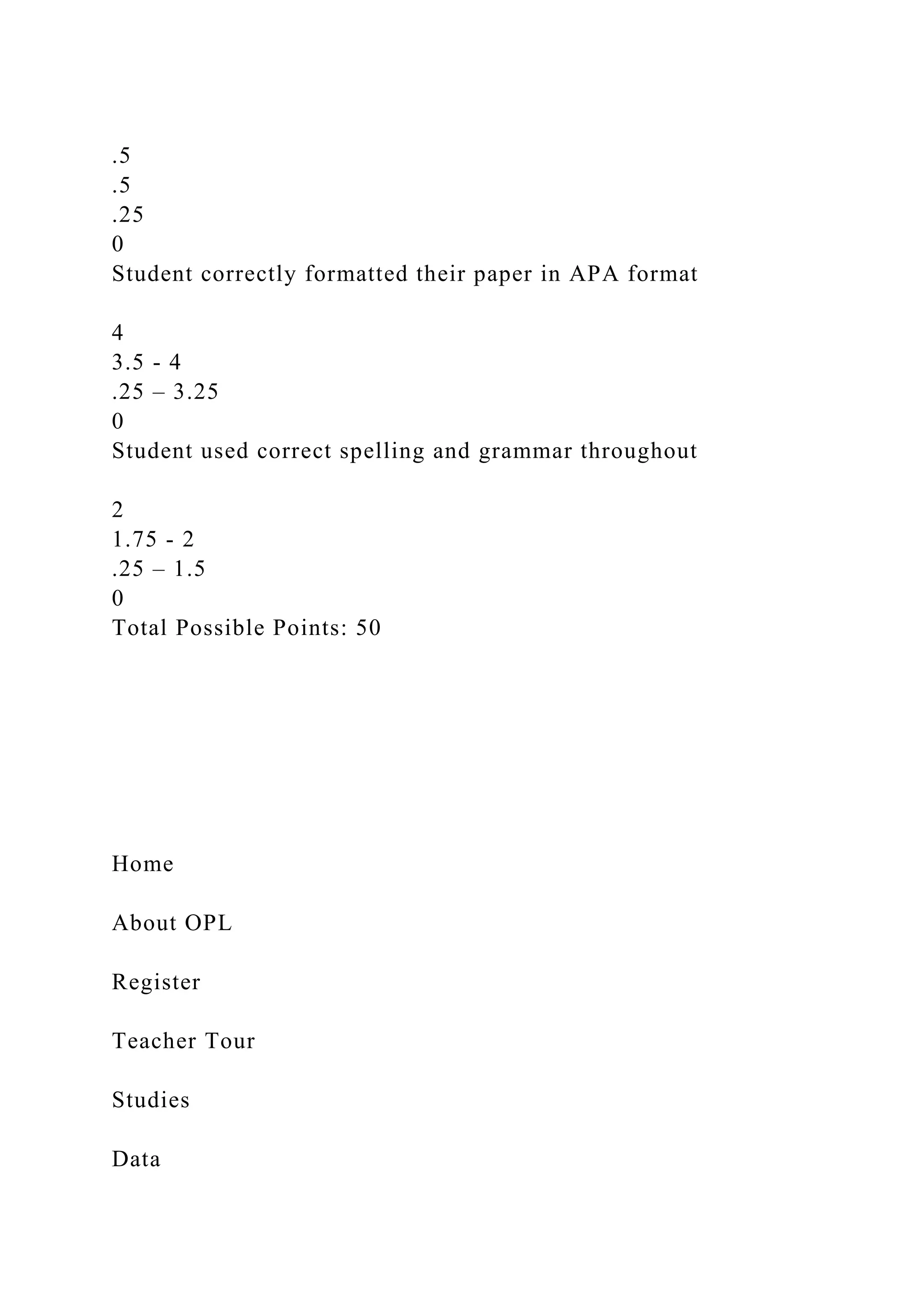 .5
.5
.25
0
Student correctly formatted their paper in APA format
4
3.5 - 4
.25 – 3.25
0
Student used correct spelling and grammar throughout
2
1.75 - 2
.25 – 1.5
0
Total Possible Points: 50
Home
About OPL
Register
Teacher Tour
Studies
Data
 