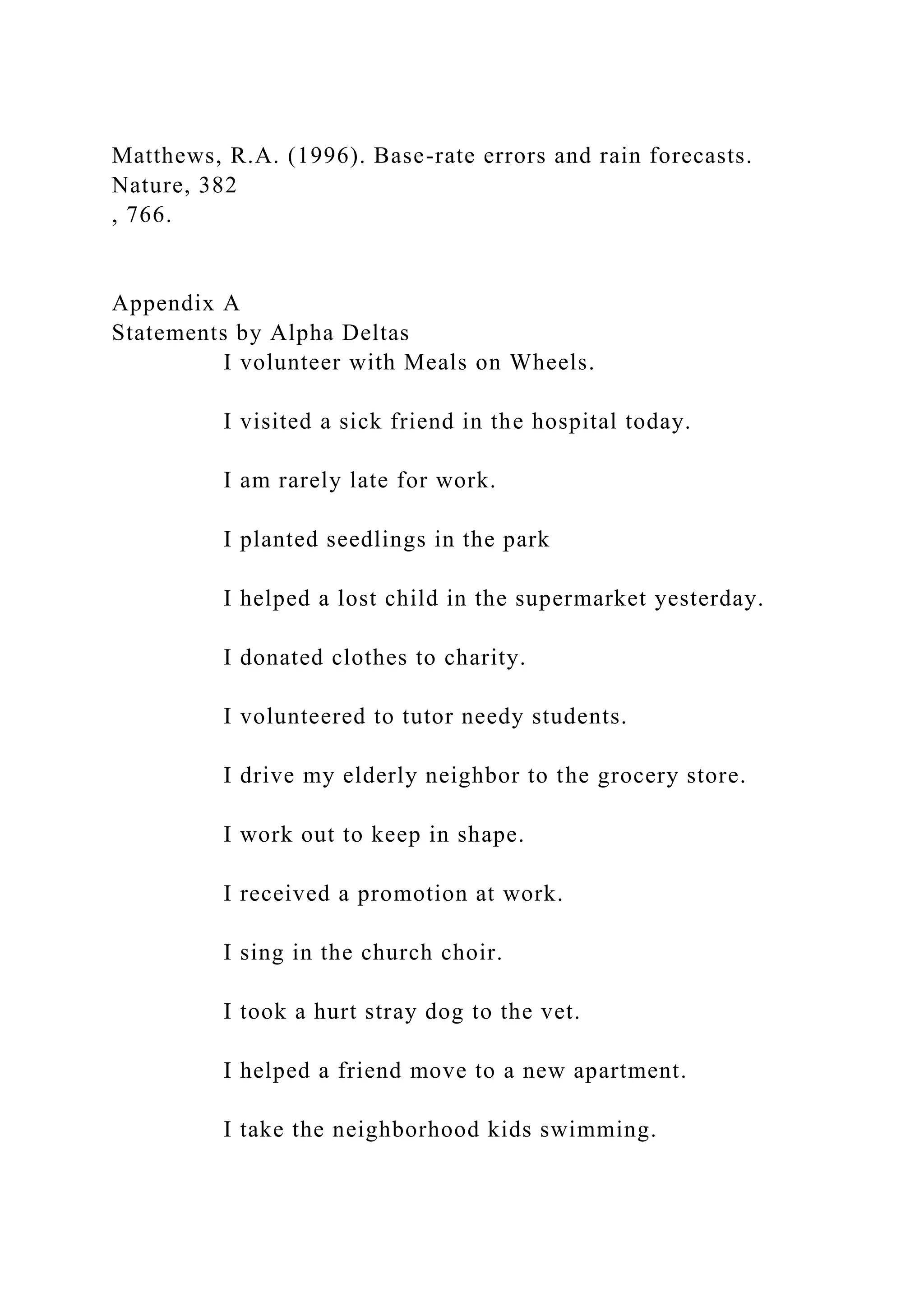 Matthews, R.A. (1996). Base-rate errors and rain forecasts.
Nature, 382
, 766.
Appendix A
Statements by Alpha Deltas
I volunteer with Meals on Wheels.
I visited a sick friend in the hospital today.
I am rarely late for work.
I planted seedlings in the park
I helped a lost child in the supermarket yesterday.
I donated clothes to charity.
I volunteered to tutor needy students.
I drive my elderly neighbor to the grocery store.
I work out to keep in shape.
I received a promotion at work.
I sing in the church choir.
I took a hurt stray dog to the vet.
I helped a friend move to a new apartment.
I take the neighborhood kids swimming.
 