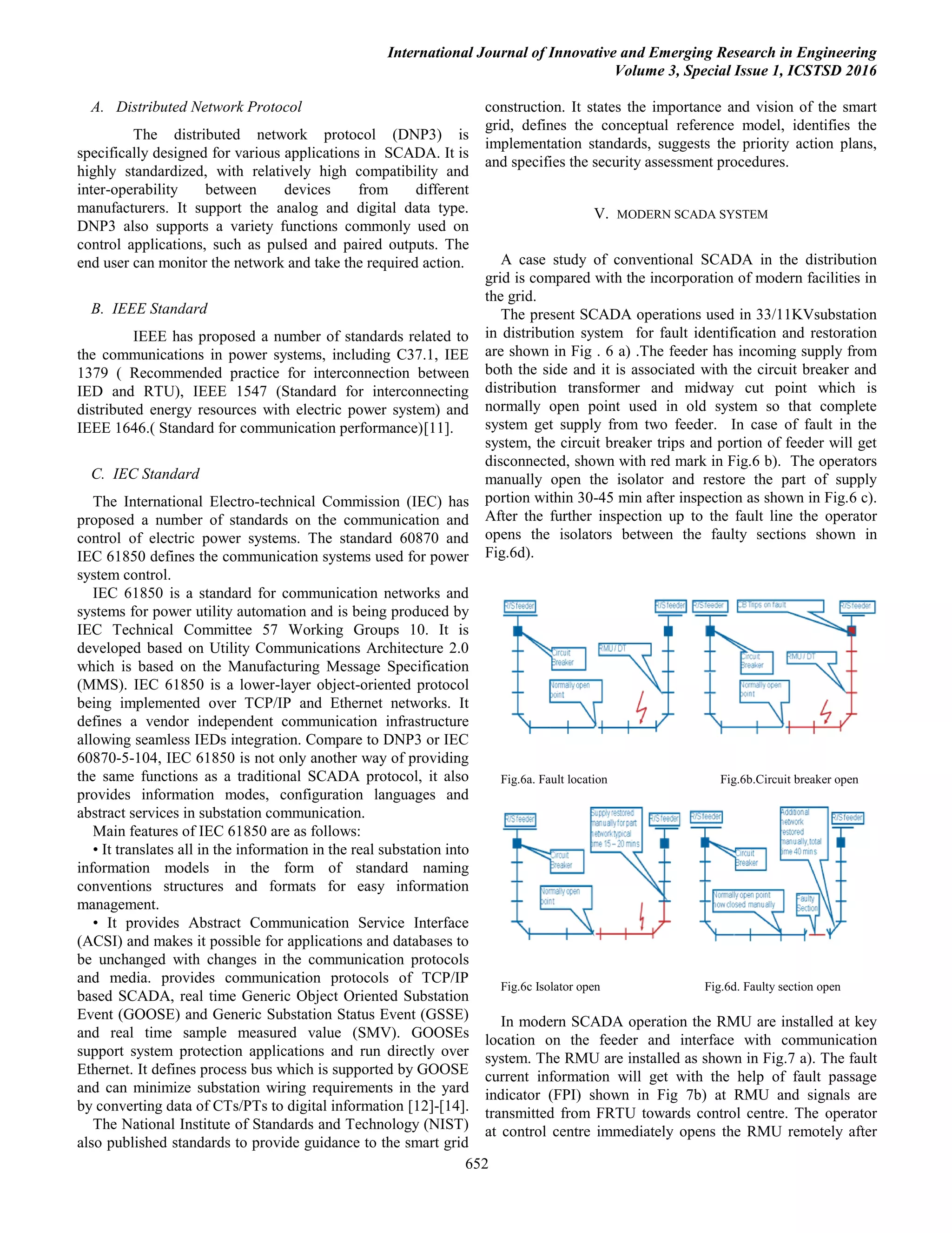 International Journal of Innovative and Emerging Research in Engineering
Volume 3, Special Issue 1, ICSTSD 2016
652
A. Distributed Network Protocol
The distributed network protocol (DNP3) is
specifically designed for various applications in SCADA. It is
highly standardized, with relatively high compatibility and
inter-operability between devices from different
manufacturers. It support the analog and digital data type.
DNP3 also supports a variety functions commonly used on
control applications, such as pulsed and paired outputs. The
end user can monitor the network and take the required action.
B. IEEE Standard
IEEE has proposed a number of standards related to
the communications in power systems, including C37.1, IEE
1379 ( Recommended practice for interconnection between
IED and RTU), IEEE 1547 (Standard for interconnecting
distributed energy resources with electric power system) and
IEEE 1646.( Standard for communication performance)[11].
C. IEC Standard
The International Electro-technical Commission (IEC) has
proposed a number of standards on the communication and
control of electric power systems. The standard 60870 and
IEC 61850 defines the communication systems used for power
system control.
IEC 61850 is a standard for communication networks and
systems for power utility automation and is being produced by
IEC Technical Committee 57 Working Groups 10. It is
developed based on Utility Communications Architecture 2.0
which is based on the Manufacturing Message Specification
(MMS). IEC 61850 is a lower-layer object-oriented protocol
being implemented over TCP/IP and Ethernet networks. It
defines a vendor independent communication infrastructure
allowing seamless IEDs integration. Compare to DNP3 or IEC
60870-5-104, IEC 61850 is not only another way of providing
the same functions as a traditional SCADA protocol, it also
provides information modes, configuration languages and
abstract services in substation communication.
Main features of IEC 61850 are as follows:
• It translates all in the information in the real substation into
information models in the form of standard naming
conventions structures and formats for easy information
management.
• It provides Abstract Communication Service Interface
(ACSI) and makes it possible for applications and databases to
be unchanged with changes in the communication protocols
and media. provides communication protocols of TCP/IP
based SCADA, real time Generic Object Oriented Substation
Event (GOOSE) and Generic Substation Status Event (GSSE)
and real time sample measured value (SMV). GOOSEs
support system protection applications and run directly over
Ethernet. It defines process bus which is supported by GOOSE
and can minimize substation wiring requirements in the yard
by converting data of CTs/PTs to digital information [12]-[14].
The National Institute of Standards and Technology (NIST)
also published standards to provide guidance to the smart grid
construction. It states the importance and vision of the smart
grid, defines the conceptual reference model, identifies the
implementation standards, suggests the priority action plans,
and specifies the security assessment procedures.
V. MODERN SCADA SYSTEM
A case study of conventional SCADA in the distribution
grid is compared with the incorporation of modern facilities in
the grid.
The present SCADA operations used in 33/11KVsubstation
in distribution system for fault identification and restoration
are shown in Fig . 6 a) .The feeder has incoming supply from
both the side and it is associated with the circuit breaker and
distribution transformer and midway cut point which is
normally open point used in old system so that complete
system get supply from two feeder. In case of fault in the
system, the circuit breaker trips and portion of feeder will get
disconnected, shown with red mark in Fig.6 b). The operators
manually open the isolator and restore the part of supply
portion within 30-45 min after inspection as shown in Fig.6 c).
After the further inspection up to the fault line the operator
opens the isolators between the faulty sections shown in
Fig.6d).
Fig.6a. Fault location Fig.6b.Circuit breaker open
Fig.6c Isolator open Fig.6d. Faulty section open
In modern SCADA operation the RMU are installed at key
location on the feeder and interface with communication
system. The RMU are installed as shown in Fig.7 a). The fault
current information will get with the help of fault passage
indicator (FPI) shown in Fig 7b) at RMU and signals are
transmitted from FRTU towards control centre. The operator
at control centre immediately opens the RMU remotely after
 
