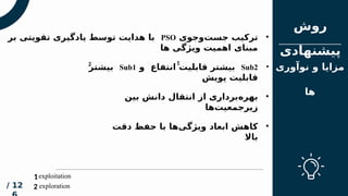 ‫مقدم‬
‫ه‬
‫فهرس‬
‫ت‬
‫روش‬
‫پیشنهادی‬
12
/
‫نوآوری‬ ‫و‬ ‫مزایا‬
‫ها‬
•
Sub2
‫و‬ ‫انتفاع‬ ‫قابلیت‬ ‫بیشتر‬
Sub1
‫بیشتر‬
‫پویش‬ ‫قابلیت‬
•
‫بین‬ ‫دانش‬ ‫انتقال‬ ‫از‬ ‫‌برداری‬
‫ه‬‫بهر‬
‫‌ها‬
‫ت‬‫زیرجمعی‬
•
‫دقت‬ ‫حفظ‬ ‫با‬ ‫‌ها‬
‫ی‬‫ویژگ‬ ‫ابعاد‬ ‫کاهش‬
‫باال‬
•
‫‌وجوی‬
‫ت‬‫جس‬ ‫ترکیب‬
PSO
‫بر‬ ‫تقویتی‬ ‫یادگیری‬ ‫توسط‬ ‫هدایت‬ ‫با‬
‫ها‬ ‫ویژگی‬ ‫اهمیت‬ ‫مبنای‬
exploitation
1
1
exploration
2
2
 