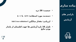 ‫مقدم‬
‫ه‬
‫فهرس‬
‫ت‬
‫سازی‬ ‫پیاده‬
12
/
8
‫های‬ ‫پارامتر‬
‫آزمایش‬
•
:‫جمعیت‬
20
‫ذره‬
•
:‫استفاده‬ ‫مورد‬ ‫‌بند‬
‫ه‬‫دست‬
KNN
‫با‬
K = 3
•
‫میانگین‬ ‫مقدار‬ :‫ارزیابی‬
5
-
fold Cross-validation
•
‫تکرار‬
10
‫پایدار‬ ‫از‬ ‫اطمینان‬ ‫جهت‬ ‫ها‬ ‫آزمایش‬ ‫باره‬
‫نتایج‬ ‫بودن‬
 