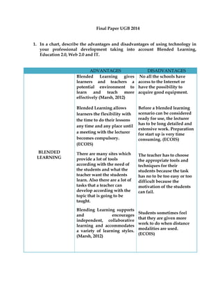 Final Paper UGB 2014
1. In a chart, describe the advantages and disadvantages of using technology in
your professional development taking into account Blended Learning,
Education 2.0, Web 2.0 and IT.
ADVANTAGES DISADVANTAGES
BLENDED
LEARNING
Blended Learning gives
learners and teachers a
potential environment to
learn and teach more
effectively (Marsh, 2012)
Blended Learning allows
learners the flexibility with
the time to do their lessons
any time and any place until
a meeting with the lecturer
becomes compulsory.
(ECOIS)
There are many sites which
provide a lot of tools
according with the need of
the students and what the
teacher want the students
learn. Also there are a lot of
tasks that a teacher can
develop according with the
topic that is going to be
taught.
Blending Learning supports
and encourages
independent, collaborative
learning and accommodates
a variety of learning styles.
(Marsh, 2012)
No all the schools have
access to the Internet or
have the possibility to
acquire good equipment.
Before a blended learning
scenario can be considered
ready for use, the lecturer
has to be long detailed and
extensive work. Preparation
for start up is very time
consuming. (ECOIS)
The teacher has to choose
the appropriate tools and
techniques for their
students because the task
has no to be too easy or too
difficult because the
motivation of the students
can fail.
Students sometimes feel
that they are given more
work to do when distance
modalities are used.
(ECOIS)
 
