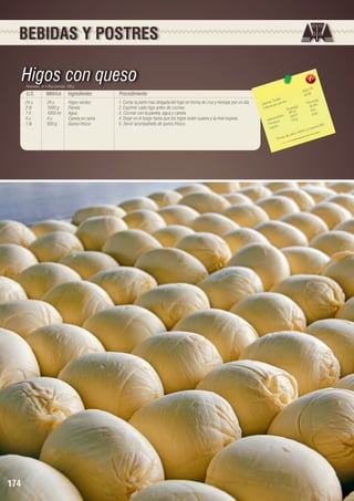BEBIDAS Y POSTRES

Higos con queso
Porciones: 12 • Peso porción: 120 g

U.S.

Ingredientes

Procedimiento

24 u	
2 lb	
1 lt	
4 u	
1 lb	

174

Métrico
24 u	
1000 g	
1000 ml	
4 u	
500 g	

Higos verdes
Panela
Agua
Canela en rama
Queso fresco

1. Cortar la parte más delgada del higo en forma de cruz y remojar por un día.
2. Exprimir cada higo antes de cocinar.
3. Cocinar con la panela, agua y canela.
4. Dejar en el fuego hasta que los higos estén suaves y la miel espese.
5. Servir acompañado de queso fresco.

9
5013,7	
417,81

les 	
n(g)
s Tota ión 	
Porció 4
Ca loríaías por porc
)	
80,8
Ca lor
a les(g
Tot ,11	 9,14
970
2
		 hidratos	 109,7 7	 6,4
Ca rbo ínas	
7,13	
7
Prote os	
B2.
mina
Lípid
y vita
fósforo
ca lcio,
ve e de
- Pro

 