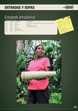 ENTRADAS Y SOPAS

Ensalada amazónica
Porciones: 8 • Peso porción: 250 g

U.S.

Métrico

Ingredientes

Procedimiento

10 oz	
10 oz	
8 oz	
10 oz	
10 oz	
10 oz	
10 oz	
c/n	

300 g 	
300 g	
240 g	
300 g	
300 g	
300 g	
300 ml	
c/n 	

Palmito
Papaya verde
Yuyos
Yuca
Papa china
Papa amazónica
Naranja silvestre (jugo)
Sal

1.	 Cortar todos los ingredientes menos la naranja en porciones pequeñas.
2.	Mezclar.
3.	 Añadir el jugo de naranja
4.	 Rectificar el sabor con sal.

0
1491.6 5	
186.4
	
les
n(g)
s Tota ión 	
Porció
Ca loríaías por porc
1.55
lor
s(g)	
Ca
Tota le 	43.71
33 2.4
		 hidratos 29.7	 0.6
rb o s
Ca ína
4.8	
Prote os	
s
Lípid
a.
idrato
proteín fósforo. de ca rboh
tie ne
y
- Con orta ca lcio ca ntida d
- Ap r su g ra n rgía.
- Po vee de e ne
pro

193

 