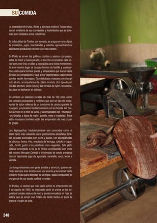 SU COMIDA
La diversidad de frutas, flores y pan que produce Tungurahua,
son el emblema de sus carnavales y festividades que se celebran con múltiples actos colectivos.
En la localidad de Tisaleo por ejemplo, se preparan varios tipos
de canelazos, jugos, mermeladas y coladas, aprovechando la
abundante producción de mora en este cantón.
En Pinllo se sirven las gallinas cocidas y asadas con papas,
salsa de maní y huevo picado; el secreto es preparar este potaje con aves finas criadas y escogidas para estos menesteres.
En este mismo lugar se ocupan hornos de ladrillo y combustión a leña para hornear panes y empanadas que duran hasta
30 días en congelación y que al ser regenerados saben mejor
que los recién horneados. Tan deliciosos manjares se ofrecen
todo el año, acompañados de colada morada; otro tipo de pan
son las atochas, santa rosas y las tortillas de nylon, tan delicadas que se deshacen en la boca.
En Ambato se elaboran recetas de más de 100 años como
los famosos puerquitos y molletes que son un tipo de empanadas de dulce rellenas de un condumio de cerdo y panela de
la región, preparados tradicionalmente en las fiestas del Corpus Christi en el mes de junio, y acompañados del “champús”
-una bebida a base de maíz-, panela, mote y especias. Entre
estos manjares también están las empanadas de maíz y pan
de grajea.
Los llapingachos, tradicionalmente son conocidos como el
plato típico más relevante de la gastronomía ambateña: tortillas de papa cocinadas con leche y queso, van acompañadas
de chorizo, huevo frito, ensalada de lechuga, cebolla y aguacate, dando gusto a los paladares más exigentes. Este plato
estaría incompleto si no se lo ofrece acompañado con mote
del mismo Mercado Central y el hornado de cerdo artesanal
con un fascinante jugo de aguacate, naranjilla, coco, leche o
vainilla.
Los tungurahuenses son gente amable y servicial, quienes reciben siempre a los turistas con una sonrisa y los invitan hasta
el barrio Ficoa para disfrutar de un triple, plato compuesto de
una presa de cuy asado, gallina y conejo.
En Pelileo, el cantón que más daño sufrió en el terremoto del
5 de agosto de 1949, es inevitable sentir el aroma de los exquisitos tamales dulces de maíz y panela envueltos en hoja de
achira que se sirven con fritada de cerdo hecha en paila de
bronce y fogón de leña.

248

 