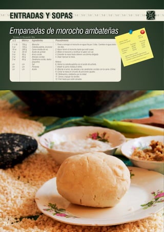 ENTRADAS Y SOPAS

Empanadas de morocho ambateñas
Porciones: 8 • Peso porción: 180 g

U.S.

Métrico

Ingredientes

1 ½ lb	
750 g	
Morocho
5 oz	
150 g	
Cebolla paiteña, brunoise
10 oz	
300 g	
Carne molida de res
1 oz	
30 ml	
Aceite de achiote
3 oz	
90 g	
Arroz cocido
2 oz	
60 g	
Alverjas cocidas
2 oz	
60 g	
Zanahoria cocida, dados 	
		pequeños
c/n 	
c/n	
Sal
c/n	c/n	Pimienta
c/n	c/n	Aceite

254

Procedimiento
1. Poner a remojar el morocho en agua fría por 5 días. Cambiar el agua todos
los días.
2. Hacer hervir el morocho hasta que esté suave.
3. Moler el morocho y rectificar el sabor con sal.
4. Extender la masa hasta obtener una lámina delgada.
5. Dejar reposar la masa.
Relleno
6. Refreír la cebolla paiteña con el aceite de achiote.
7. Añadir la carne molida al refrito.
8. Mezclar el arroz, las alverjas y las zanahorias cocidas con la carne. Enfriar.
9. Cortar la masa en círculos de porciones iguales.
10. Rellenarlos y doblarlos por la mitad.
11. Cerrar y repujar los bordes.
12. Freír hasta que estén doradas.

2403 8	
300.3
	
	
ota les
n(g)
rías T or porción
Porció 3
Ca lo ías p
33.3
lor
s(g)	
Ca
Tota le 5	 13.59
266.6 9	 13.20
		 hidratos
108.6 9	
rb o s
Ca ína
105.5
Prote os	
n.
Lípid
e nta ció ina l.
u erpo.
ra a l c de pig m intest
rta fibla pérdida a cteria na e
o
- Ap vie ne
la ca b
- Prembate la p
Co
-

 