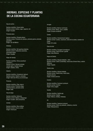HIERBAS, ESPECIAS Y PLANTAS
DE LA COCINA ECUATORIANA
Hoja de achira

Arrayán

Nombre científico: Canna indica
Nombre común: Achera, sagú, capacho, biri
Origen: Ecuador

Nombre científico: Myrtus communis
Nombre común: Mirto, rusco, acebillo
Origen: Europa occidental

Pimienta dulce

Canela

Nombre científico: Pimienta dioica
Nombre común: Pimienta de Jamaica, pimienta gorda, pimienta
guayabita
Origen: Sur de México

Nombre científico: Cinnamomum reginus
Nombre común: Canela, cinamomo, árbol de la canela, canelero de
Ceilán
Origen: Sri Lanka

Ishpingo

Clavo de olor

Nombre científico: Del quechua ishpinku
Nombre común: Amburana cearensis,
jacarandá copaia
Origen: Ecuador

Nombre científico: Syzygium aromaticum
Nombre común: Clavo de olor o giroflé
Origen: Islas Molucas
	
Hojas de Cedrón

Hojas de naranjo
Nombre científico: Citrus aurantium
varamara L.
Nombre común: Naranjo amargo,
naranjo agrio, naranja amarga
Origen: Asiático, China
Cilantro
Nombre científico: Coriandrum sativum
Nombre común: Cilantro, coriandro
Origen: Norte de Africa y sur de Europa
Pimienta
Nombre científico: Piper nigrum
Nombre común: Pimienta negra,
pimienta blanca, pimienta verde
Origen: India
Hoja de bijao
Nombre científico: Heliconia
Nombre común: Bijahua, shinguango
Origen: Ecuador, selva amazónica
Achiote
Nombre científico: Bixa orellana
Nombre común: Urucú u onoto
Origen: Americano

26

Nombre científico: Aloysia triphylla L. herit
Nombre común: Cidrón (Colombia), maría luisa (Puerto Rico), cedrón
(México),
Origen: España
Hierba Luisa
Nombre científico: Aloysia triphylla
Nombre común: Hierba luisa, maría luisa,
verbena olorosa
Origen: América del Sur
Comino
Nombre científico: Cuminum cyminum
Nombre común: Comino
Origen: Siria y Egipto
Vainilla
Nombre científico: Vanilla spp.
Nombre común: Vainilla
Origen: México, Antillas, Polinesia
Ají
Nombre científico: Capsicum annuum
Nombre común: Chile, ají, pimiento, chiltoma y morrón
Origen: Mesoamerica

 
