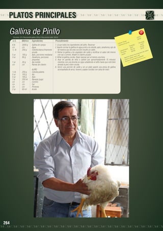 PLATOS PRINCIPALES

Gallina de Pinllo
Porciones: 10 • Peso porción gallina: 250 g • Peso porción caldo: 150 ml

U.S.

Métrico

Ingredientes

6 lb	
3000 g	
Gallina de campo
c/n	c/n	Agua
½ lb	
250 g	
Cebolla blanca finamente 	
		picada
5 oz	
150 g	
Apio, porciones medianas
3 oz	
90 g	
Zanahoria, porciones 		
		pequeñas
1 oz	
30 g	
Ajo molido
c/n	
c/n	
Ramas de cilantro
	
	
	
	
ALIÑO
½ lb	
250 g	
Cebolla paiteña
5 oz	
150 g	
Ajo
5 oz	
150 g	
Apio
1 tz	
250 ml	
Naranja (jugo)
c/n	c/n	Comino
c/n	c/n	Sal
c/n	c/n	Pimienta
2 oz	
60 ml	
Aceite

264

Procedimiento
1. Licuar todos los ingredientes del aliño. Reservar
2. Aparte cocinar la gallina en agua junto a la cebolla, apio, zanahoria y ajo de
tal manera que de esta cocción resulte un caldo.
3. Retirar la gallina y los vegetales del caldo y rectificar el sabor del mismo
con sal y comino. Añadir el cilantro picado.
4. Aliñar la gallina cocida. Dejar reposar por al menos una hora.
5. Asar en parrilla de leña o carbón por aproximadamente 15 minutos
mientras con una brocha se sigue añadiendo el aliño hasta que esté bien
dorada la piel y bien cocida.
6. Servir una porción de caldo y en un plato aparte una presa de gallina
acompañada de arroz, huevos y papas cocidas con salsa de maní.

2875,77	
287,5
les 	
n(g)
s Tota porción 	
Porció 9
Ca loríaías por
)	
16,0
Ca lor
ta les(g
2
To 	
10,23
160,9
4
	
		 hidratos 102, 3 2	 19, 3
o
Ca rb ínas
rebro.
193,48
del ce
Prote os	
miento
nciona iel.
ípid
L
cto fu
l corre o, uñas y pdesarrollo.
u da a
- Ay ida el cabell cimiento y
- Cu orece el cre
- Fav

 