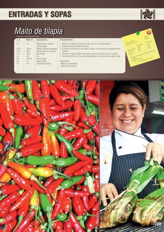 ENTRADAS Y SOPAS

Maito de tilapia
Porciones: 4 • Peso porción: 250 g

U.S.

Métrico

Ingredientes

4 u	
4 u	
Tilapia entera, limpia y 		
		desviscerada
10 oz	
300 g	
Palmito, porciones pequeñas
2 oz	
60 g	
Cebolla blanca, brunoise
1 oz	
30 g	
Ajo molido
c/n	c/n	Sal
5 oz	
150 ml	
Limón (jugo)
8 u	
8 u	
Hoja de bijao
4 u	
4 u	
Cordón de toquilla

Procedimiento
1.	 Mezclar el palmito, el jugo de limón, sal, ajo y cebolla blanca.
2.	 Salpimentar el pescado. Reservar.
3.	 Colocar el pescado en las hojas de bijao e incorporar la preparación del
palmito.
4.	 Cerrar las hojas de bijao formando una bolsa y amarrar con el cordón.
5.	 Al momento de servir se puede acompañar con yuca cocida y papa china.
Variaciones:
- Maito de carachama
- Maito de bocachico

8
226,9 	
56,74
	
les
n(g)
s Tota ión 	
Porció
Ca loríaías por porc
9,03
lor
s(g)	
Ca
Tota le 	 3,97
36,12
2
		 hidratos 15,9		0,5
rb o s
el
Ca ína
2,1
rante
be du
Prote os	
del be
Lípid
iento
l crecim
rece e
- Favo barazo. zón.	
e m e al cora
eg
- Prot

289

 