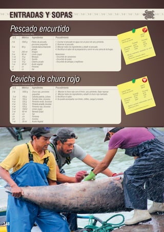 ENTRADAS Y SOPAS

Pescado encurtido
Porciones: 8 • Peso porción: 280 g

U.S.

Métrico

Ingredientes

2 lb	
1000 g	
Filetes de pescado, 		
		porciones pequeñas
3 oz	
90 g	
Cebolla blanca finamente 		
		picada
1 tz	
250 ml	
Vinagre
3 oz	
90 ml	
Limón (jugo)
½ oz	
15 g	
Mostaza
½ oz	
15 g	
Tomillo
½ oz	
15 g	
Cilantro picado
1 oz	
30 ml	
Aceite vegetal
cn	cn	Pimienta
cn	cn	Sal

Procedimiento
1. Cocinar el pescado en agua con un poco de sal y pimienta.
2. Reservar el pescado.
3. Mezclar todos los ingredientes y añadir el pescado.
4. Rectificar el sabor de la preparación y servir en una cama de lechugas.
Variaciones:
- Encurtido de camarones
- Encurtido de pulpo
- Encurtido de almejas y mejillones

9
1257.2
157.16

les 	
n(g)
s Tota ión 	
Porció
Ca loríaías por porc
a lor
s(g)
3.63
C
Tota le 	 25.05
8
s 29.00.44	 4.71
	
idrato
20 	
a rboh as	
lcio
C
ín
37.68
de ca
Prote os
a de s
id
ca ntid
Líp
te s
porta n
.
da im
a lórico
- Brinósforo.
nido c
y f poco conte
e
e
- Pos

Ceviche de churo rojo
Porciones: 6 • Peso porción: 220 g

U.S.

Métrico

Ingredientes

2 lb	
1000 g	
Churo rojo, porciones 		
		pequeñas
5 oz	
150 g	
Cebolla paiteña, juliana
5 oz	
150 g	
Tomate riñon, brunoise
4 oz	
120 g	
Pimiento verde, brunoise
4 oz	
120 g	
Pimiento amarillo, brunoise
4 oz	
120 g	
Pimiento rojo, brunoise
5 oz	
150ml 	
Limón (jugo)
2 oz	
60 ml	
Naranja (jugo)
c/n	c/n	Sal
c/n	c/n	Pimienta
c/n	c/n	Comino
1 oz	
30 ml	
Aceite Vegetal

348

Procedimiento
1.	 Mezclar el churo rojo con el limón, sal y pimienta. Dejar reposar.
2.	 Mezclar todos los ingredientes y añadir el churo rojo marinado.
3. Rectificar el sabor.
4. Se puede acompañar con limón, chifles, canguil y tostado.

9
1016.7 6	
169.4
les 	
n(g)
s Tota ión 	
Porció
Ca loríaías por porc
)	
r
6.73
1
s(g
Ca lo
Tota le 4	
11.8 8
100.0
6.11
		 hidratos	 71.29	
bo s	
	
Ca r ína
mo la
36.67
d e s co
rote 	
P os
r m ed a
Lípid
ir e nfe
at
co m b a .
u da a
sm
- Ay e mia y el a
an

Pez espada

 
