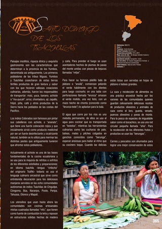 S

ANTO DOMINGO
DE LOS
TSÁCHILAS
Paisajes insólitos, riqueza étnica y exquisita
gastronomía son las características que
determinan a la provincia de los Yumbos,
denominada así antiguamente. Los primeros
pobladores de las tribus Niguas, Yumbos
y Tsáchilas cosecharon de estas tierras
fértiles productos de gran textura y sabor
con los que hicieron valiosas creaciones
culinarias, además, fueron los responsables
de transportar: maíz, yuca, banano, achiote
o “mu-pucah”, arroz, chontaduro, ají, zapallo,
fréjol, piña, café y otros productos de la
Sierra hacia los poblados de las costas del
Pacífico.
Los indios Colorados son famosos por pintar
sus cabelleras con achiote, o “ananato”,
que tiene una fuerte coloración rojiza y que
inicialmente sirvió como producto medicinal
por ser un fuerte desinfectante y cicatrizante
natural, también se lo utilizó para mermar las
distintas pestes que antiguamente tuvieron
que afrontar estos pobladores.

y caña. Para prender el fuego se usan
aventadores hechos de plumas de pavas
del monte unidas con piezas de bejucos
llamadas “refpe”.
Para hacer su famoso platillo bala de
plátano o “anoilá”, comienzan pelando
el verde hábilmente con los dientes
para luego cocinarlo; en una tabla con
perforaciones llamada “lerunza” amasan
el verde molido, una vez listo, con un
mazo hecho de chonta (conocido como
“lerunza-tede”) lo aplastan para la bala.
El agua que corre por los ríos es una
melodía permanente, de ellos se usa el
agua para cocinar que es transportada
en “bototos”, mientras las herramientas
culinarias como las cucharas de palo,
bateas, mates y pilches colgados en
ganchos conocidos como “berunga”,
esperan ansiosas para bailar al ritmo que
su cocinero toque. Cuando las delicias

Habitantes: 368.013
Zona: 4
Provincia : Santo Domingo
Altitud Promedio: 655 m.s.n.m.
Temperatura promedio: 14°C a 38°C
Mapa zona de vida : De Bosque húmedo tropical a
bosque fluvial montano
Ingrediente estrella: Campeche – verde
Tipo de clima: De tropical megatérmico húmedo a
ecuatorial mesotérmico semihúmedo
Plato Emblema : Bala de verde- Pandao
Cantones: 2

están listas son servidas en hojas de
plátano o bateas grandes.
La caza y recolección de alimentos es
una práctica ancestral hecha por los
varones de las comunidades quienes
guardan celosamente deliciosas recetas
de productos silvestres y animales de
caza como el loro, guanta, venado,
puercos silvestres y pavas de monte.
Para la pesca de especies de inigualable
sabor como el bocachico, se usa una red
circular pequeña llamada “shia”. Para
la recolección de los diferentes frutos y
productos se usan las “berungas”.
Carnes y pescados son ahumados para
lograr una mejor conservación de estos

Actualmente el achiote es una de las bases
fundamentales de la cocina ecuatoriana y
se usa para la mayoría de refritos o sofritos
de los diferentes estofados y preparaciones;
en idioma tsáchila -lengua “chibcha”
del originario Tsáfiki- todavía se usa el
lenguaje culinario ancestral que sirve como
entretenida decoración para los deliciosos
manjares servidos en las ocho comunidades
autónomas de indios Tsáchilas de Chiguilpe,
Cóngoma, Búa, Naranjos, Poste, Peripa,
Tahuasa, Otonco y Mapalí.
Los utensilios que usan hasta ahora las
comunidades son cocinas artesanales
mixtas cuadradas llamadas “nifu”, que tienen
como fuente de combustión la leña y reposan
en estructuras sólidas hechas de madera

365

 