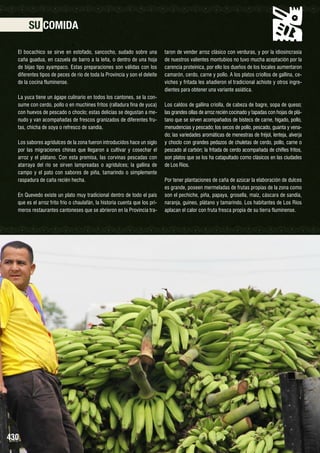 SU COMIDA
El bocachico se sirve en estofado, sancocho, sudado sobre una
caña guadua, en cazuela de barro a la leña, o dentro de una hoja
de bijao tipo ayampaco. Estas preparaciones son válidas con los
diferentes tipos de peces de río de toda la Provincia y son el deleite
de la cocina fluminense.
La yuca tiene un ágape culinario en todos los cantones, se la consume con cerdo, pollo o en muchines fritos (ralladura fina de yuca)
con huevos de pescado o choclo; estas delicias se degustan a menudo y van acompañadas de frescos granizados de diferentes frutas, chicha de soya o refresco de sandía.
Los sabores agridulces de la zona fueron introducidos hace un siglo
por las migraciones chinas que llegaron a cultivar y cosechar el
arroz y el plátano. Con esta premisa, las corvinas pescadas con
atarraya del río se sirven lampreadas o agridulces; la gallina de
campo y el pato con sabores de piña, tamarindo o simplemente
raspadura de caña recién hecha.
En Quevedo existe un plato muy tradicional dentro de todo el país
que es el arroz frito frío o chaulafán, la historia cuenta que los primeros restaurantes cantoneses que se abrieron en la Provincia tra-

430

taron de vender arroz clásico con verduras, y por la idiosincrasia
de nuestros valientes montubios no tuvo mucha aceptación por la
carencia proteínica, por ello los dueños de los locales aumentaron
camarón, cerdo, carne y pollo. A los platos criollos de gallina, ceviches y fritada les añadieron el tradicional achiote y otros ingredientes para obtener una variante asiática.
Los caldos de gallina criolla, de cabeza de bagre, sopa de queso;
las grandes ollas de arroz recién cocinado y tapadas con hojas de plátano que se sirven acompañados de bistecs de carne, hígado, pollo,
menudencias y pescado; los secos de pollo, pescado, guanta y venado; las variedades aromáticas de menestras de fréjol, lenteja, alverja
y choclo con grandes pedazos de chuletas de cerdo, pollo, carne o
pescado al carbón; la fritada de cerdo acompañada de chifles fritos,
son platos que se los ha catapultado como clásicos en las ciudades
de Los Ríos.
Por tener plantaciones de caña de azúcar la elaboración de dulces
es grande, poseen mermeladas de frutas propias de la zona como
son el pechiche, piña, papaya, grosella, maíz, cáscara de sandía,
naranja, guineo, plátano y tamarindo. Los habitantes de Los Ríos
aplacan el calor con fruta fresca propia de su tierra fluminense.

 