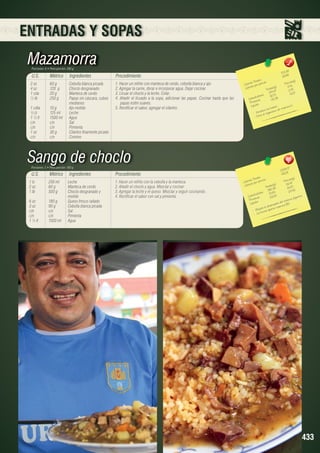 ENTRADAS Y SOPAS

Mazamorra
Porciones: 6 • Peso porción: 280 g

U.S.

Métrico

Ingredientes

2 oz	
60 g	
Cebolla blanca picada
4 oz	
120 g	
Choclo desgranado
1 cda	
20 g	
Manteca de cerdo
chancho
½ lb	
250 g	
Papas sin cáscara, cubos 	
		medianos
1 cdta	
10 g	
Ajo molido
½ tz	
125 ml	
Leche
1 ½ lt	
1500 ml	 Agua
c/n	c/n	Sal
c/n	c/n	Pimienta
1 oz	
30 g	
Cilantro finamente picado
c/n	c/n	Comino

Procedimiento
1. Hacer un refrito con manteca de cerdo, cebolla blanca y ajo.
chancho, cebolla blanca y ajo.
2. Agregar la carne, dorar e incorporar agua. Dejar cocinar.
3. Licuar el choclo y la leche. Colar.
4. Añadir el licuado a la sopa, adicionar las papas. Cocinar hasta que las
papas estén suaves.
5. Rectificar el sabor, agregar el cilantro.

8
713.3 	
118.89
les 	
n(g)
s Tota ión 	
Porció 1
Ca loríaías por porc
17.4
(g)	
lor
s
Ca
Tota le .47	 2.78
104
.23
		 hidratos	 16.73	 4
	
Ca rbo ínas	
25.39
Prote os	
.
a C.
Lípid
hu esos de vita min
ce los
o
Forta le l orga nis m
aa
- D ot

Sango de choclo
Porciones: 5 • Peso porción: 180 g

U.S.

Métrico

Ingredientes

1 tz	
250 ml	
Leche
2 oz	
60 g	
Manteca de cerdo
1 lb	
500 g	
Choclo desgranado y 		
		molido
6 oz	
180 g	
Queso fresco rallado
3 oz	
90 g	
Cebolla blanca picada
c/n	
c/n 	
Sal
c/n	c/n	Pimienta
1 ½ lt	
1500 ml	 Agua

Procedimiento
1. Hacer un refrito con la cebolla y la manteca.
2. Añadir el choclo y agua. Mezclar y cocinar.
3. Agregar la leche y el queso. Mezclar y seguir cocinando.
4. Rectificar el sabor con sal y pimienta.

7
2259.0	
451.81
les 	
n(g)
s Tota ión 	
Porció 7
Ca loríaías por porc
)	
52.4
Ca lor
ta les(g 	 14.50
To .39
262 	 20.43
		 hidratos
72.54 	
o
Ca rb ínas	
stivo.
102.15
te
a dige
Pro os	
siste m
ípid
ño del a B2.
L
pe
dese ma vita min
jora el
rt
- Me receta a po
- La

433

 