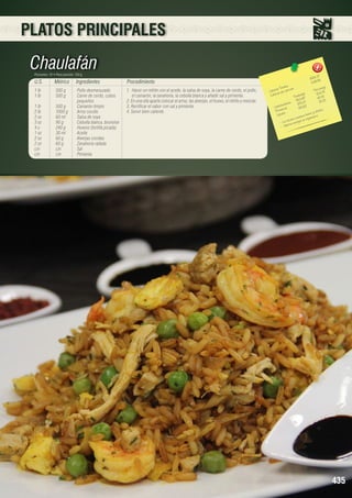 PLATOS PRINCIPALES

Chaulafán
Porciones: 10 • Peso porción: 150 g

U.S.

Métrico

1 lb	
500 g	
1 lb	
500 g	
		
1 lb	
500 g 	
2 lb	
1000 g	
2 oz	
60 ml	
3 oz	
90 g	
4 u	
240 g	
1 oz	
30 ml	
2 oz	
60 g	
2 oz	
60 g	
c/n		
c/n	
c/n		
c/n	

Ingredientes

Procedimiento

Pollo desmenuzado
Carne de cerdo, cubos 		
pequeños
Camarón limpio
Arroz cocido	
Salsa de soya
Cebolla blanca, brunoise
Huevos (tortilla picada)
Aceite
Alverjas cocidas
Zanahoria rallada
Sal
Pimienta	

1.	 Hacer un refrito con el aceite, la salsa de soya, la carne de cerdo, el pollo,
el camarón, la zanahoria, la cebolla blanca y añadir sal y pimienta.
2. En una olla aparte colocar el arroz, las alverjas, el huevo, el refrito y mezclar.
3. Rectificar el sabor con sal y pimienta.
4. Servir bien caliente.

7
6819, 3 6	
1136,5
les 	
n(g)
s Tota ión 	
Porció 8
Ca loríaías por porc
)	
r
153,7
Ca lo
ta les(g8	 62,51
To ,6
922 7	 30,15
		 hidratos
375,03	
o
Ca rb ínas	
180,9
te
oro.
Pro os	
y fó s f
ípid
hierro
L
ntie ne orga nis mo.
co a l
receta
- L a orta e nergía
Ap
-

435

 