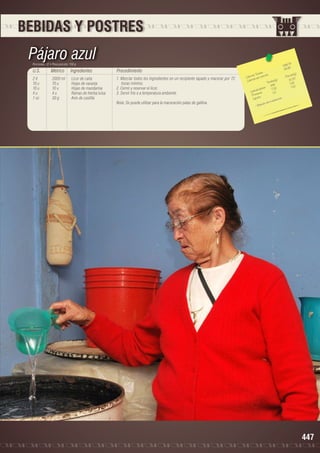 BEBIDAS Y POSTRES

Pájaro azul
Porciones: 12 • Peso porción: 150 g

U.S.

Métrico

Ingredientes

Procedimiento

2 lt	
10 u	
10 u	
4 u	
1 oz	

2000 ml	
10 u	
10 u	
4 u	
30 g	

Licor de caña
Hojas de naranja
Hojas de mandarina
Ramas de hierba luisa
Anís de castilla

1. Mezclar todos los Ingredientes en un recipiente tapado y macerar por 72
horas mínimo.
2. Cernir y reservar el licor.
3. Servir frío o a temperatura ambiente.
Nota: Se puede utilizar para la maceración patas de gallina.

8
1066.7
8 8.89

les 	
n(g)
s Tota ión 	
Porció 3
Ca loríaías por porc
21. 3
s(g)
Ca lor
Tota le 	 0.61
56
s 2 3 2	 0.12
	
7,
idrato
h
Ca rbo ínas	
1,5	
Prote os
n
Lípid
era ció
e mod
bida d
- Be

447

 