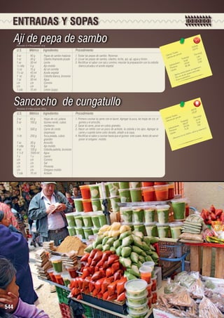 ENTRADAS Y SOPAS

Ají de pepa de sambo
Porciones: 8 • Peso porción: 50 g

U.S.

Métrico

Ingredientes

3 oz	
90 g	
Pepas de sambo maduras
1 oz	
30 g	
Cilantro finamente picado
1 oz	
30 ml 	
Leche
½ cdta	
5 g	
Ajo molido
½ oz	
15 g	
Ají sin semilla
1½ oz	
45 ml	
Aceite vegetal
1 oz 	
30 g	
Cebolla blanca, brunoise
1 oz	
30 ml	
Agua
c/n 	
c/n	
Comino
c/n	c/n	Sal
1 cda	
15 ml	
Limón (jugo)

Procedimiento
1. Tostar las pepas de sambo. Reservar.
2. Licuar las pepas de sambo, cilantro, leche, ajo, ají, agua y limón.
3. Rectificar el sabor con sal y comino; mezclar la preparación con la cebolla
blanca picada y el aceite vegetal.

Sancocho de cungatullo
Porciones: 9 • Peso porción: 350 g

U.S.

Métrico

Ingredientes

2 oz	
60 g	
Hojas de col, juliana
5 oz	
150 g	
Guineo verde, cubos 		
		medianos
1 lb	
500 g	
Carne de cerdo 		
		(espinazo)
½ lb	
250 g	
Yuca pelada, cubos 		
		grandes
1 oz	
30 g	
Arrocillo
1 cdta	
10 g	
Ajo molido
4 oz	
120 g	
Cebolla paiteña, brunoise
1 ½ lt	
1500 ml	 Agua
1 u	
1 u	
Laurel
c/n	c/n	Comino
c/n	c/n	Sal
c/n	c/n	Pimienta
c/n	c/n	Orégano molido
1 cda	
15 ml	
Achiote

544

Procedimiento
1. Primero cocinar la carne con el laurel. Agregar la yuca, las hojas de col, el
guineo y el arrocillo.
2. Sacar la carne, picar en cubos grandes.
3. Hacer un refrito con un poco de achiote, la cebolla y los ajos. Agregar la
carne y cuando tome color dorado, añadir a la sopa.
4. Rectificar el sabor y cocinar hasta que el guineo esté suave. Antes de servir
poner el orégano molido.

2
1029,94
128,7

les 	
n(g)
s Tota ión 	
Porció
Ca loríaías por porc
)	
1,84
Ca lor
ta les(g
To 8	 3,53
14,6 	 11,92
		 hidratos
28,24 	
o
Ca rb ínas	
95, 36
te
is mo.
Pro os
orga n les.
ípid
L
te s a l
xida n sos ese ncia
ntio g ra
s
orta a
- Ap o e n á cido itosis.
Ric la pa ras
- ita
- Ev

1817,767
201,9

les 	
n(g)
s Tota ión 	
Porció
Ca loríaías por porc
)	
r
21,04
s(g
Ca lo
Tota le 37	 11,62
189, 9	 7,92
		 hidratos
104,5
.
Ca rbo ínas	
71, 31	 vita mina C
rote
y
P os
ca lcio
Lípid
ósforo,
o en f
nto ric
Alime
-

 