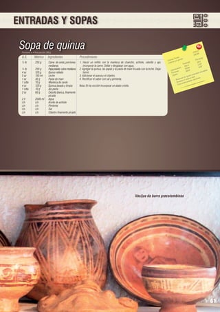 ENTRADAS Y SOPAS

Sopa de quinua

7
1745.28	
290.8

Porciones: 6 • Peso porción: 280 g

U.S.

Métrico

Ingredientes

½ lb	
250 g 	
Carne de cerdo, porciones 	
		medianas
½ lb	
250 g	
Papa pelada, cubos medianos
4 oz	
120 g 	
Queso rallado
5 oz	
150 ml	
Leche
1 oz	
30 g 	
Pasta de maní
1 cdta	
10 g 	
Manteca de cerdo
4 oz	
120 g 	
Quinua,lavada y limpia
1 cdta	
10 g	
Ajo pasta
2 oz	
60 g	
Cebolla blanca, finamente 	
		picada
2 lt	
2000 ml	 Agua
c/n	
c/n	
Aceite de achiote
c/n	c/n	Pimienta
c/n	c/n	Sal
c/n	
c/n	
Cilantro finamente picado

Procedimiento
1. Hacer un refrito con la manteca de chancho, achiote, cebolla y ajo;
incorporar la carne. Sellar y desglasar con agua.
2. Agregar la quinua, las papas y la pasta de maní licuada con la leche. Dejar
hervir.
3. Adicionar el queso y el cilantro.
4. Rectificar el sabor con sal y pimienta.
Nota: En la cocción incorporar un atado criollo.

les 	
n(g)
s Tota ión 	
Porció
Ca loríaías por porc
)	
25.9
Ca lor
a les(g
Tot 	 13.97
155.4 	 14.97
		 hidratos
83.84 	
s.
Ca rbo ínas
89.79
da ble
Prote os	
les sa lu
corpora
ípid
L
do s
los teji ma óseo. res.
ntie ne
te
cula
- Ma a lece el siseda des vas
- Fortita e nferm
- Ev

Vasijas de barro precolombinas

61

 