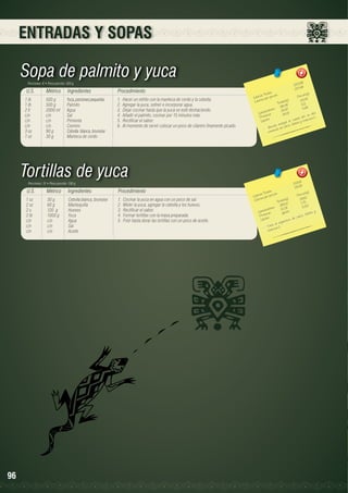 ENTRADAS Y SOPAS

Sopa de palmito y yuca
Porciones: 6 • Peso porción: 320 g

U.S.

Métrico

Ingredientes

1 lb	
500 g	
Yuca, porciones pequeñas
1 lb	
500 g	
Palmito
2 lt 	
2000 ml	 Agua
c/n	c/n	Sal
c/n	c/n	Pimienta
c/n	c/n	Comino
3 oz 	
90 g	
Cebolla blanca, brunoise
1 oz	
30 g	
Manteca de cerdo

Procedimiento
1.	 Hacer un refrito con la manteca de cerdo y la cebolla.
2.	 Agregar la yuca, sofreír e incorporar agua.
3.	 Dejar cocinar hasta que la yuca se esté deshaciendo.
4.	 Añadir el palmito, cocinar por 15 minutos más.
5.	 Rectificar el sabor.
6.	 Al momento de servir colocar un poco de cilantro finamente picado.

Tortillas de yuca
Porciones: 12 • Peso porción: 100 g

U.S.

Métrico

Ingredientes

1 oz	
30 g	
Cebolla blanca, brunoise
2 oz	
60 g 	
Mantequilla
2 u	
120 g 	
Huevos
2 lb 	
1000 g 	 Yuca
c/n	c/n	Agua
c/n	c/n	Sal
c/n	c/n	Aceite

96

Procedimiento
1.	 Cocinar la yuca en agua con un poco de sal.
2.	 Moler la yuca, agregar la cebolla y los huevos.
3.	 Rectificar el sabor.
4.	 Formar tortillas con la masa preparada.
5.	 Freír hasta dorar las tortillas con un poco de aceite.

9
1203,9 6	
200,6

les 	
n(g)
s Tota ión 	
Porció 4
Ca loríaías por porc
)	
33,2
Ca lor
a les(g
Tot 9	 4,11
199,4 	 5,69
		 hidratos
24,67 	
o
Ca rb ínas
a lto
34,15
te
r su C.
Pro os	
a
po po
l cu erro y vita min
ípid
L
rgía a o
a e ne ca lcio, fósf
rind
- B te nido de
co n

6
2119,1 9	
176,5

les 	
n(g)
s Tota ión 	
Porció
Ca loríaías por porc
29,93
les(g)	
Ca lor
Tota 1	 1,75
359,2 	 5,53
		 hidratos
21,09 	
y
Ca rbo ínas
66,44
ósforo
Prote os	
lcio, f
de ca
id
Líp
nis mo
l orga
ot a a
- D a mina C.
vit

 