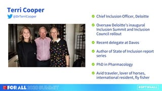 Terri Cooper
Chief Inclusion Officer, Deloitte
Oversaw Deloitte’s inaugural
Inclusion Summit and Inclusion
Council rollout
Recent delegate at Davos
Author of State of Inclusion report
series
PhD in Pharmacology
Avid traveler, lover of horses,
international resident, fly fisher
@DrTerriCooper
 