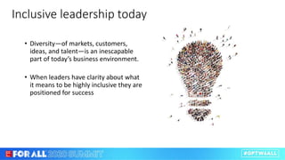 Inclusive leadership today
• Diversity—of markets, customers,
ideas, and talent—is an inescapable
part of today’s business environment.
• When leaders have clarity about what
it means to be highly inclusive they are
positioned for success
 