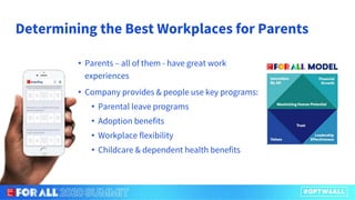 Determining the Best Workplaces for Parents
• Parents – all of them - have great work
experiences
• Company provides & people use key programs:
• Parental leave programs
• Adoption benefits
• Workplace flexibility
• Childcare & dependent health benefits
 