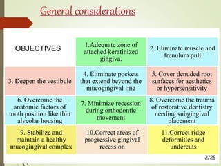 General considerations
Existing
keratinized
gingiva should
always be
maintained.
Exposing bone to
increase the zone of
keratinized gingiva
is contraindicated
(Wilderman, 1964).
When an adequate
zone of attached
keratinized gingiva
exists, vestibular
depth is not a factor
(Bohannan, 1963).
PRINCIPLES
OBJECTIVES
1.Adequate zone of
attached keratinized
gingiva.
2. Eliminate muscle and
frenulum pull
3. Deepen the vestibule
4. Eliminate pockets
that extend beyond the
mucogingival line
5. Cover denuded root
surfaces for aesthetics
or hypersensitivity
6. Overcome the
anatomic factors of
tooth position like thin
alveolar housing
7. Minimize recession
during orthodontic
movement
8. Overcome the trauma
of restorative dentistry
needing subgingival
placement
9. Stabilize and
maintain a healthy
mucogingival complex
10.Correct areas of
progressive gingival
recession
11.Correct ridge
deformities and
undercuts
2/25
 
