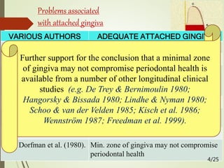 Problems associated
with attached gingiva
 Mucogingival surgery : create/↑ the width of AG.
 Narrow zone of gingiva (Friedman 1957; Ochsenbein 1960).
 Inadequate zone of gingiva (Friedman, 1962) (Stern, 1976).
 Narrow gingiva + Shallow vestibular fornix (Gottsegen 1954;
Rosenberg 1960; Corn 1962; Carranza & Carraro 1970).
 What could be regarded as being an “adequate” or
“sufficient”dimension of the gingiva?
 No minimal width of attached gingiva has been established as
the standard necessary for gingival health.
VARIOUS AUTHORS ADEQUATE ATTACHED GINGIVA
Corn, 1962 > 3mm (Keratinized gingiva)
Bowers, 1963 <1 mm
Friedman, 1962; De Trey &
Bernimoulin, 1980
Gingiva that is compatible to gingival
health & prevents retraction of gingival
margin during movement of alv. mucosa.
Lang & Loe, 1972 2mm KG
Grevers 1977, Miyasato et
al., 1977
Min KG = 1mm, Appreciable KG = 2mm
Maynard and Wilson, 1979 2mm FG + 3mm AG = 5mm KG
Dorfman et al. (1980). Min. zone of gingiva may not compromise
periodontal health
Further support for the conclusion that a minimal zone
of gingiva may not compromise periodontal health is
available from a number of other longitudinal clinical
studies (e.g. De Trey & Bernimoulin 1980;
Hangorsky & Bissada 1980; Lindhe & Nyman 1980;
Schoo & van der Velden 1985; Kisch et al. 1986;
Wennström 1987; Freedman et al. 1999).
4/25
 