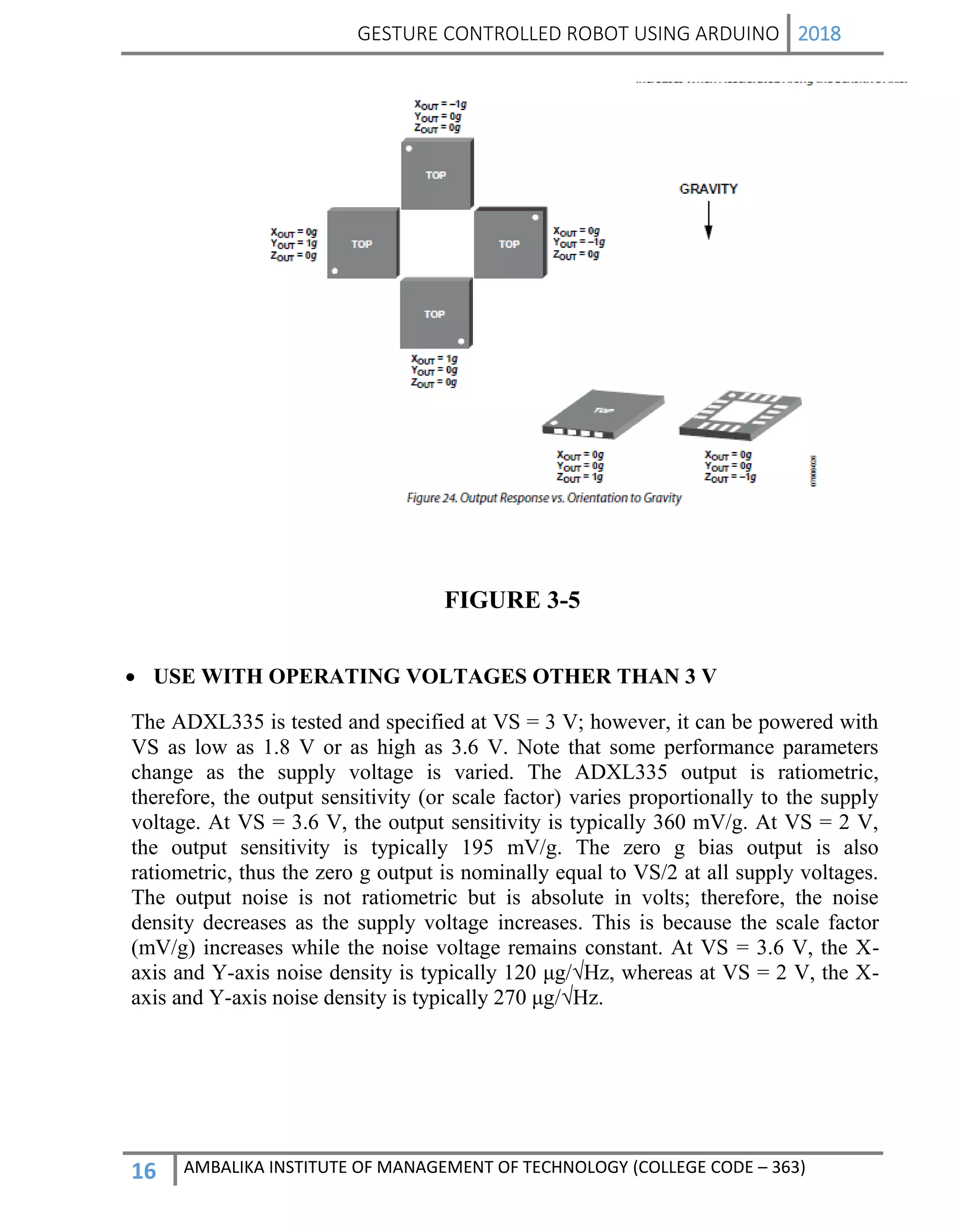 GESTURE CONTROLLED ROBOT USING ARDUINO 2018
16 AMBALIKA INSTITUTE OF MANAGEMENT OF TECHNOLOGY (COLLEGE CODE – 363)
FIGURE 3-5
 USE WITH OPERATING VOLTAGES OTHER THAN 3 V
The ADXL335 is tested and specified at VS = 3 V; however, it can be powered with
VS as low as 1.8 V or as high as 3.6 V. Note that some performance parameters
change as the supply voltage is varied. The ADXL335 output is ratiometric,
therefore, the output sensitivity (or scale factor) varies proportionally to the supply
voltage. At VS = 3.6 V, the output sensitivity is typically 360 mV/g. At VS = 2 V,
the output sensitivity is typically 195 mV/g. The zero g bias output is also
ratiometric, thus the zero g output is nominally equal to VS/2 at all supply voltages.
The output noise is not ratiometric but is absolute in volts; therefore, the noise
density decreases as the supply voltage increases. This is because the scale factor
(mV/g) increases while the noise voltage remains constant. At VS = 3.6 V, the X-
axis and Y-axis noise density is typically 120 μg/√Hz, whereas at VS = 2 V, the X-
axis and Y-axis noise density is typically 270 μg/√Hz.
 