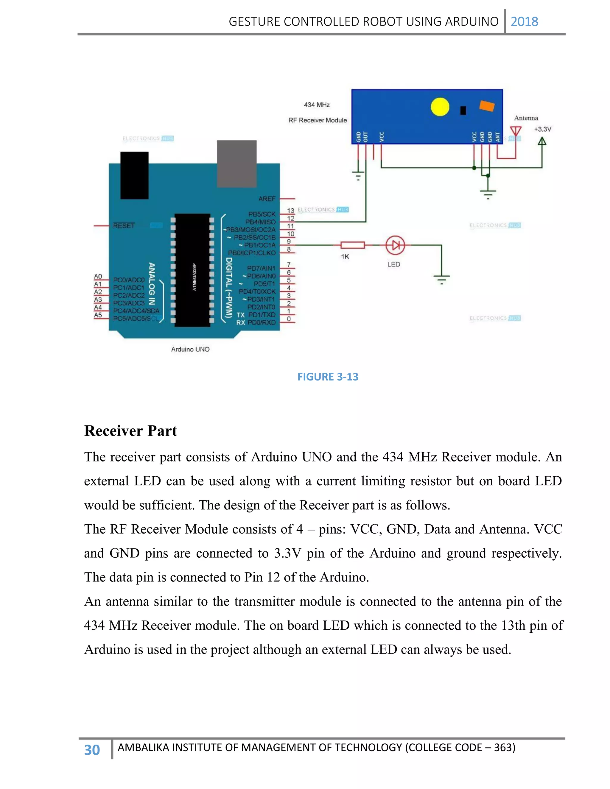 GESTURE CONTROLLED ROBOT USING ARDUINO 2018
30 AMBALIKA INSTITUTE OF MANAGEMENT OF TECHNOLOGY (COLLEGE CODE – 363)
FIGURE 3-13
Receiver Part
The receiver part consists of Arduino UNO and the 434 MHz Receiver module. An
external LED can be used along with a current limiting resistor but on board LED
would be sufficient. The design of the Receiver part is as follows.
The RF Receiver Module consists of 4 – pins: VCC, GND, Data and Antenna. VCC
and GND pins are connected to 3.3V pin of the Arduino and ground respectively.
The data pin is connected to Pin 12 of the Arduino.
An antenna similar to the transmitter module is connected to the antenna pin of the
434 MHz Receiver module. The on board LED which is connected to the 13th pin of
Arduino is used in the project although an external LED can always be used.
 