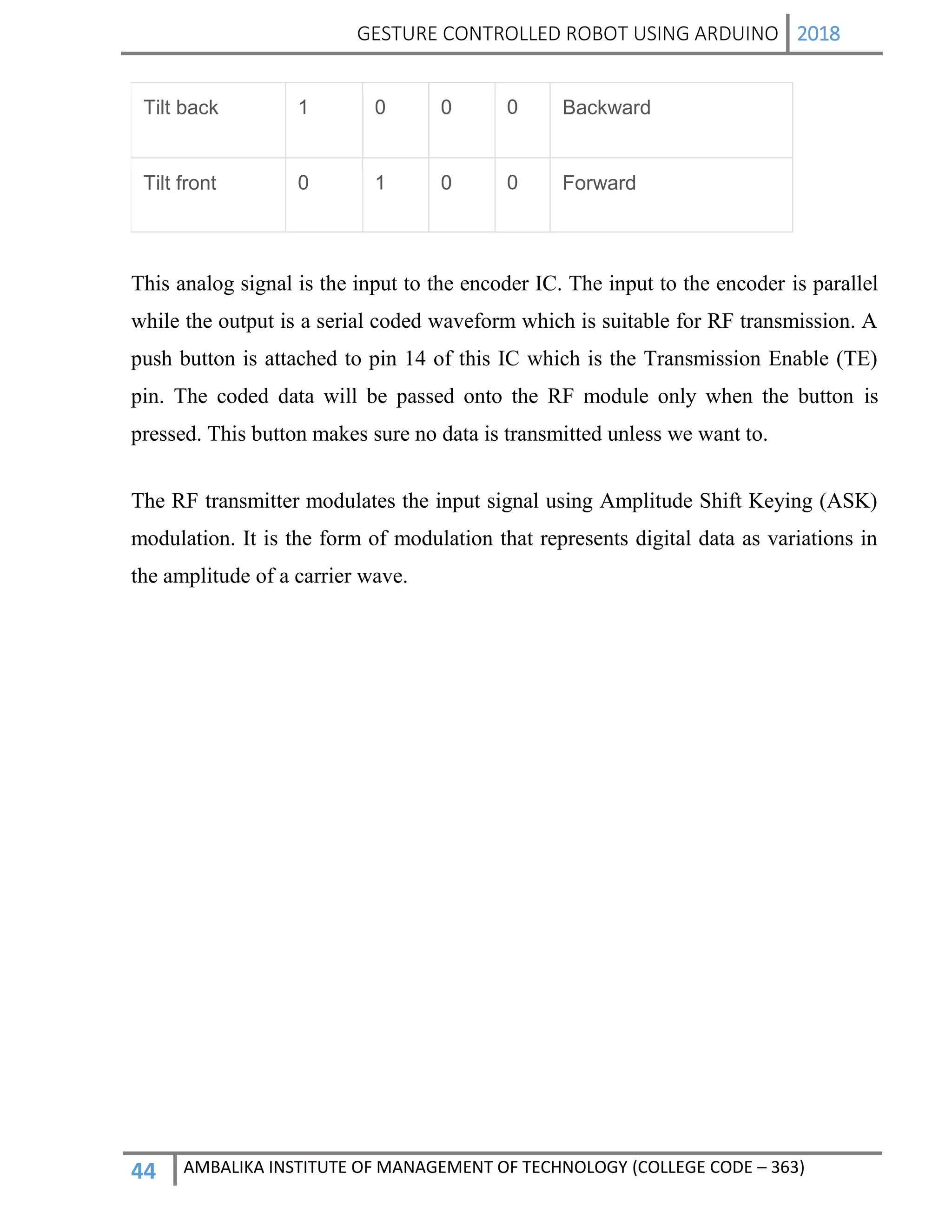 GESTURE CONTROLLED ROBOT USING ARDUINO 2018
44 AMBALIKA INSTITUTE OF MANAGEMENT OF TECHNOLOGY (COLLEGE CODE – 363)
Tilt back 1 0 0 0 Backward
Tilt front 0 1 0 0 Forward
This analog signal is the input to the encoder IC. The input to the encoder is parallel
while the output is a serial coded waveform which is suitable for RF transmission. A
push button is attached to pin 14 of this IC which is the Transmission Enable (TE)
pin. The coded data will be passed onto the RF module only when the button is
pressed. This button makes sure no data is transmitted unless we want to.
The RF transmitter modulates the input signal using Amplitude Shift Keying (ASK)
modulation. It is the form of modulation that represents digital data as variations in
the amplitude of a carrier wave.
 