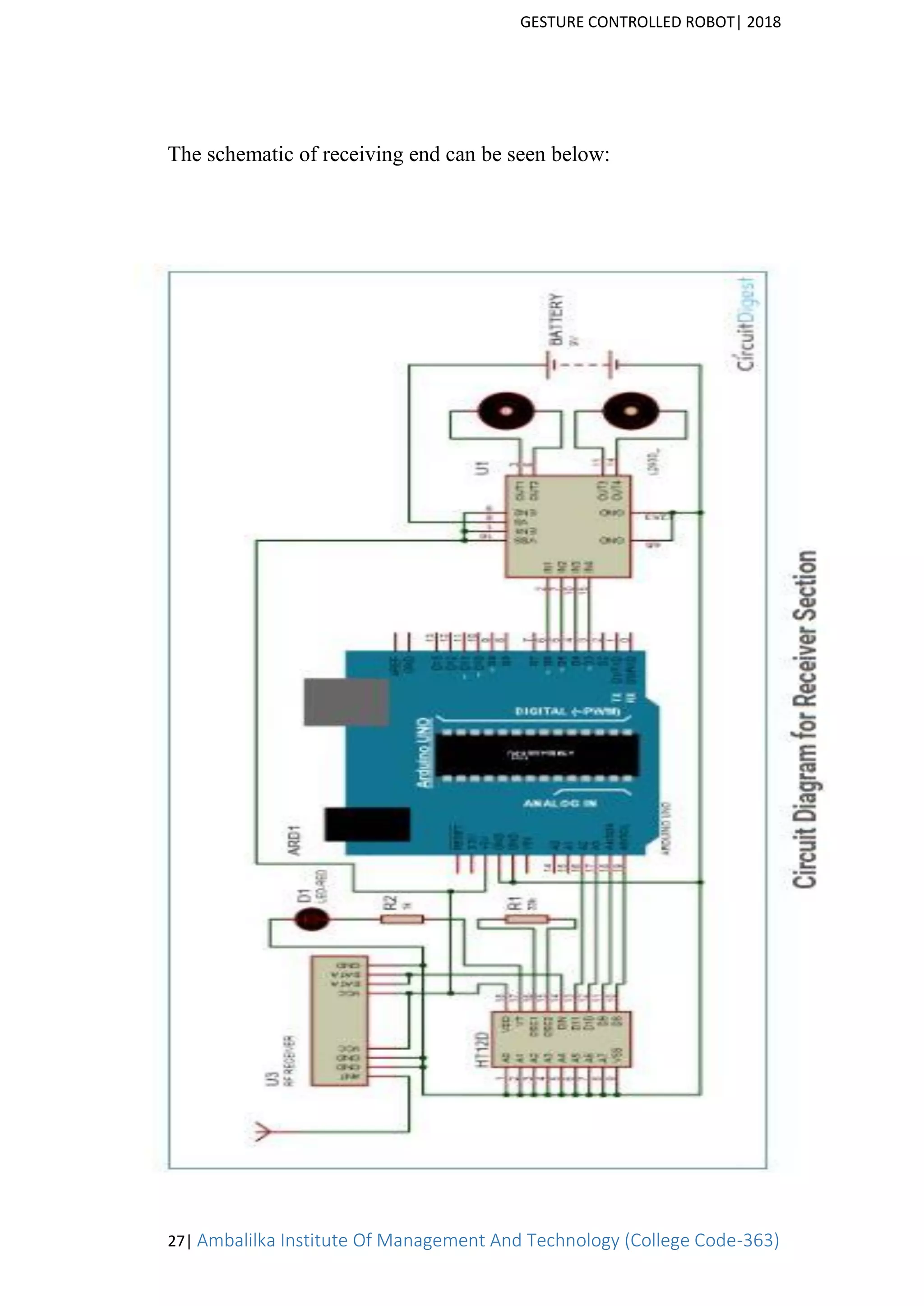 GESTURE CONTROLLED ROBOT| 2018
27| Ambalilka Institute Of Management And Technology (College Code-363)
The schematic of receiving end can be seen below:
 
