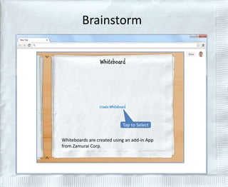 Brainstorm 
Tap to Select 
Whiteboards are created using an add-in App 
from Zamurai Corp. 
 