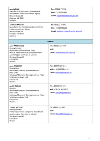 4
Angela NANI
Specialist of Statistic and E-Procurement
Department Public Procurement Agency
Hincesti Street 53
Chisinau, MD 2012
Moldova
Tel: +373 22 737370
Mob: +37369210950
E-mail: angela.nani@tender.gov.md
Andriana RAILEAN
Specialist in the Regulation and Control Dept
Public Procurement Agency
Hincesti Street 53
Chisinau, MD 2012
Moldova
Tel: +373 22 782092
Mob: +37369439583
E-mail: andriana.railean@tender.gov.md
UKRAINE
Anna ARTEMENKO
Deputy Director
Department of Competition Policy
Head of International Co-operation Division
Antimonopoly Commitee of Ukraine
Uritskogo Street 45
Kyiv 03055
Ukraine
Tel: +380 67 231 0205
Mob:
E-mail: artemenko@amcu.gov.ua
Anna MILENINA
Deputy Head
Department of Public Procurement and
State Order
Ministry of Economic Development and Trade
St M Hrushevskogo 12/2
Kyiv 01008
Ukraine
Tel: +380 44 286 0314
Mob: + 38 050 522 44 51
E-mail: milenina@me.gov.ua
Andriy RUBAN
Director
Department of Public Procurement and
State Order
Ministry of Economic Development and Trade
St M Hrushevskogo 12/2
Kyiv 01008
Ukraine
Tel: +380 44 596 6724
Mob: +38 050 549 51 31
E-mail: anruban@me.gov.ua
Tatiana SHESTAK
Deputy Director
Public Procurement Complaints Department
Antimonopoly Commitee of Ukraine
Uritskogo Street 45
Kyiv 03055
Ukraine
Tel: +380679183663
Mob:
E-mail: shestak@amcu.gov.ua
 