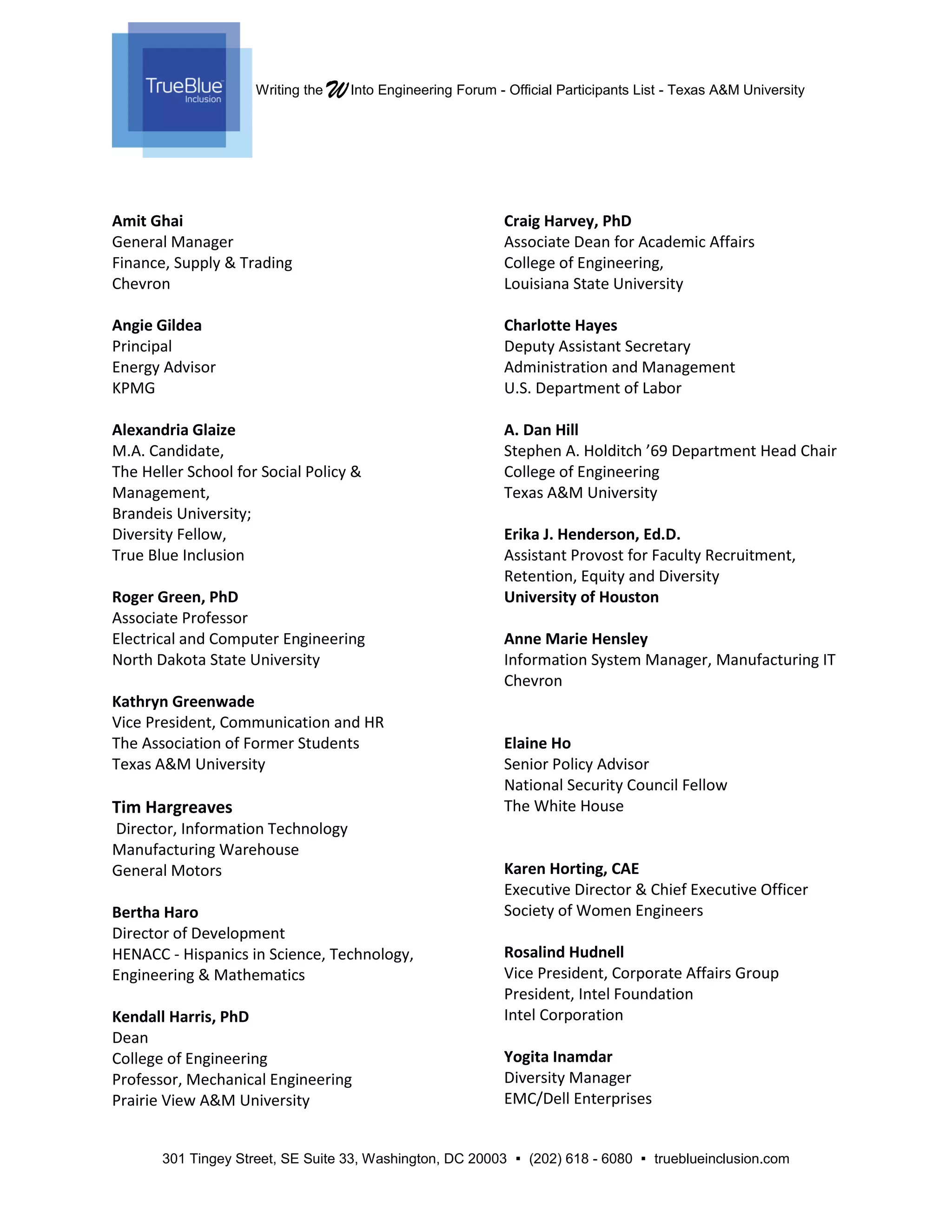 Writing the WInto Engineering Forum - Official Participants List - Texas A&M University
301 Tingey Street, SE Suite 33, Washington, DC 20003  (202) 618 - 6080  trueblueinclusion.com
Amit Ghai
General Manager
Finance, Supply & Trading
Chevron
Angie Gildea
Principal
Energy Advisor
KPMG
Alexandria Glaize
M.A. Candidate,
The Heller School for Social Policy &
Management,
Brandeis University;
Diversity Fellow,
True Blue Inclusion
Roger Green, PhD
Associate Professor
Electrical and Computer Engineering
North Dakota State University
Kathryn Greenwade
Vice President, Communication and HR
The Association of Former Students
Texas A&M University
Tim Hargreaves
Director, Information Technology
Manufacturing Warehouse
General Motors
Bertha Haro
Director of Development
HENACC - Hispanics in Science, Technology,
Engineering & Mathematics
Kendall Harris, PhD
Dean
College of Engineering
Professor, Mechanical Engineering
Prairie View A&M University
Craig Harvey, PhD
Associate Dean for Academic Affairs
College of Engineering,
Louisiana State University
Charlotte Hayes
Deputy Assistant Secretary
Administration and Management
U.S. Department of Labor
A. Dan Hill
Stephen A. Holditch ’69 Department Head Chair
College of Engineering
Texas A&M University
Erika J. Henderson, Ed.D.
Assistant Provost for Faculty Recruitment,
Retention, Equity and Diversity
University of Houston
Anne Marie Hensley
Information System Manager, Manufacturing IT
Chevron
Elaine Ho
Senior Policy Advisor
National Security Council Fellow
The White House
Karen Horting, CAE
Executive Director & Chief Executive Officer
Society of Women Engineers
Rosalind Hudnell
Vice President, Corporate Affairs Group
President, Intel Foundation
Intel Corporation
Yogita Inamdar
Diversity Manager
EMC/Dell Enterprises
 