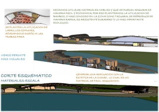 DECIDIMOS UTILIZAR MATERIALES NOBLES Y QUE SE PUEDAN ADQUIRIR DE
MANERA FACIL Y ECONOMICA, POR ESO PLANTEAMOS LA UTILIZACION DE
BAMBOO, O MAS CONOCIDO EN LA ZONA COMO TACUARA, SE REPRODUCE DE
MANERA RAPIDA, ES RESISTENTE DURADERO Y LO MAS IMPORTANTE
ECOLOGICO.
SE PLANTEA LA UTILIZACION DE
LADRILLOS COMUNES,
AÑADIENDOLE DISEÑO A LAS
TRABAS PARA

VIDRIO PERMITE
MAS VISUALES

CORTE ESQUEMATICO
MATERIALES-ESCALA

GENERAR UNA ADECUACION CON LA
ESTETICA DE LA CUIDAD , LO CUAL ES UN
MATERIAL DE FACIL ADQUISICION.

 