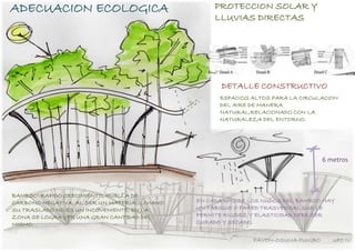 ADECUACION ECOLOGICA

PROTECCION SOLAR Y
LLUVIAS DIRECTAS

DETALLE CONSTRUCTIVO
ESPACIOS ALTOS PARA LA CIRCULACION
DEL AIRE DE MANERA
NATURAL,RELACIONADO CON LA
NATURALEZA DEL ENTORNO.

6 metros

BAMBOO: RAPIDO CRECIMIENTO, HUELLA DE
CARBONO NEGATIVA, AL SER UN MATERIAL LIVIANO
SU TRASLADO NO ES UN INCOVENIENTE, EN LA
ZONA SE LOGRA VER UNA GRAN CANTIDAD DEL
MISMO.

EN CADA UNO DE LOS NUDOS DEL BAMBOO HAY
UN TABIQUE O PARED TRASVERSAL QUE LE
PERMITE RIGIDEZ Y ELASTICIDAD DEBE SER
CURADO Y SECADO.
PAVON-OSUNA-PUIGBO

UPC IV

 