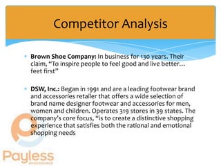 Competitor Analysis

Brown Shoe Company: In business for 130 years. Their
claim, “To inspire people to feel good and live better…
feet first”

DSW, Inc.: Began in 1991 and are a leading footwear brand
and accessories retailer that offers a wide selection of
brand name designer footwear and accessories for men,
women and children. Operates 319 stores in 39 states. The
company’s core focus, “is to create a distinctive shopping
experience that satisfies both the rational and emotional
shopping needs
 