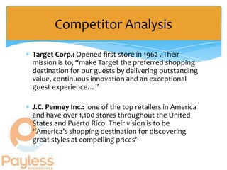 Competitor Analysis

Target Corp.: Opened first store in 1962 . Their
mission is to, “make Target the preferred shopping
destination for our guests by delivering outstanding
value, continuous innovation and an exceptional
guest experience…”

J.C. Penney Inc.: one of the top retailers in America
and have over 1,100 stores throughout the United
States and Puerto Rico. Their vision is to be
“America’s shopping destination for discovering
great styles at compelling prices”
 