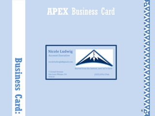 6
APEX Business CardBusinessCard:
Started from the bottom, now we’re here
1 Grand Avenue
San Luis Obispo, CA
93410
nicoleludwig6@gmail.com
(925) 876-5766
Nicole Ludwig
Account Executive
 