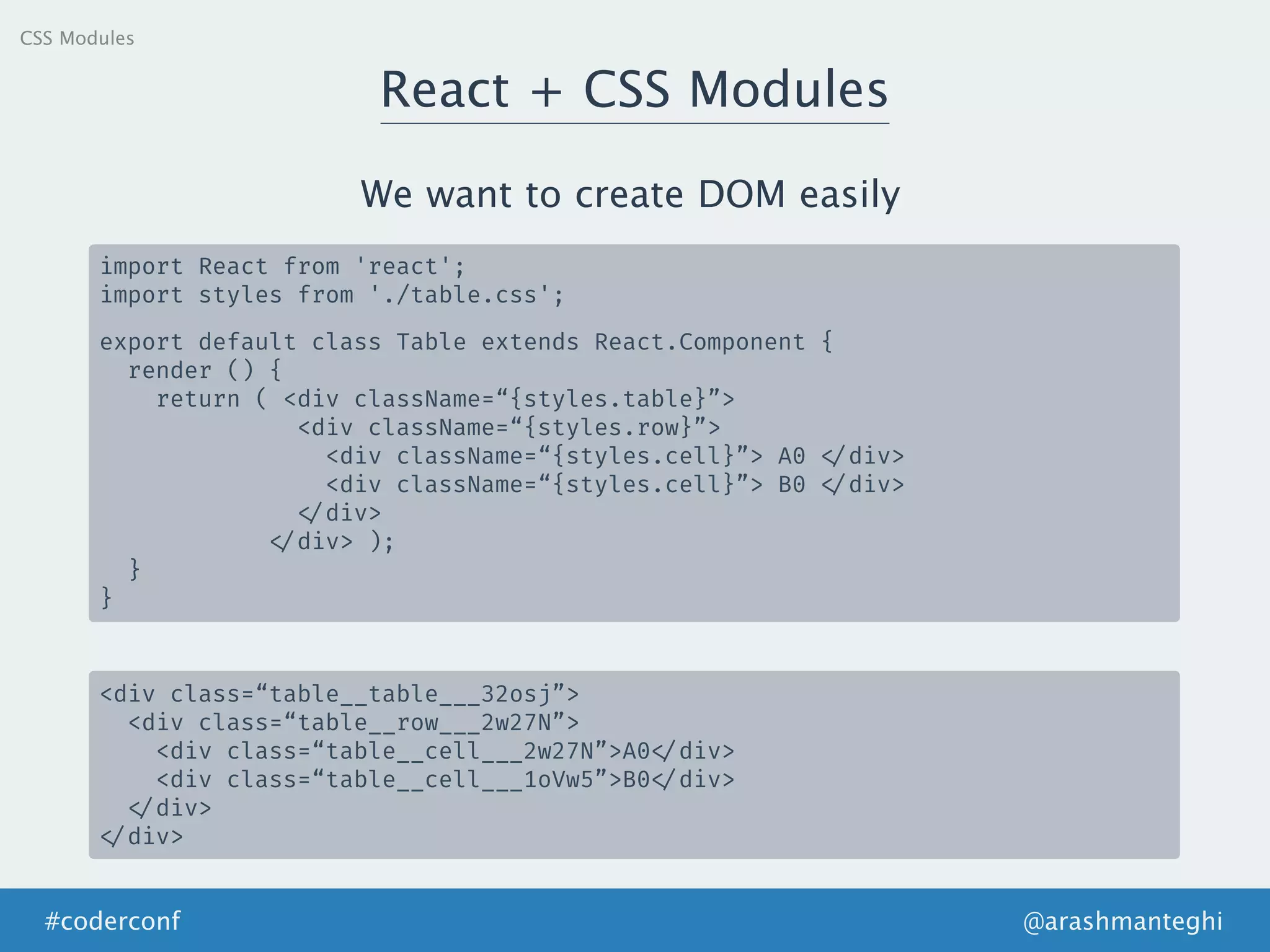 @arashmanteghi#coderconf
React + CSS Modules
CSS Modules
import React from 'react';
import styles from './table.css';
export default class Table extends React.Component {
render () {
return ( <div className=“{styles.table}”>
<div className=“{styles.row}”>
<div className=“{styles.cell}”> A0 </div>
<div className=“{styles.cell}”> B0 </div>
</div>
</div> );
}
}
We want to create DOM easily
<div class=“table__table___32osj”>
<div class=“table__row___2w27N”>
<div class=“table__cell___2w27N”>A0 </div>
<div class=“table__cell___1oVw5”>B0 </div>
</div>
</div>
 
