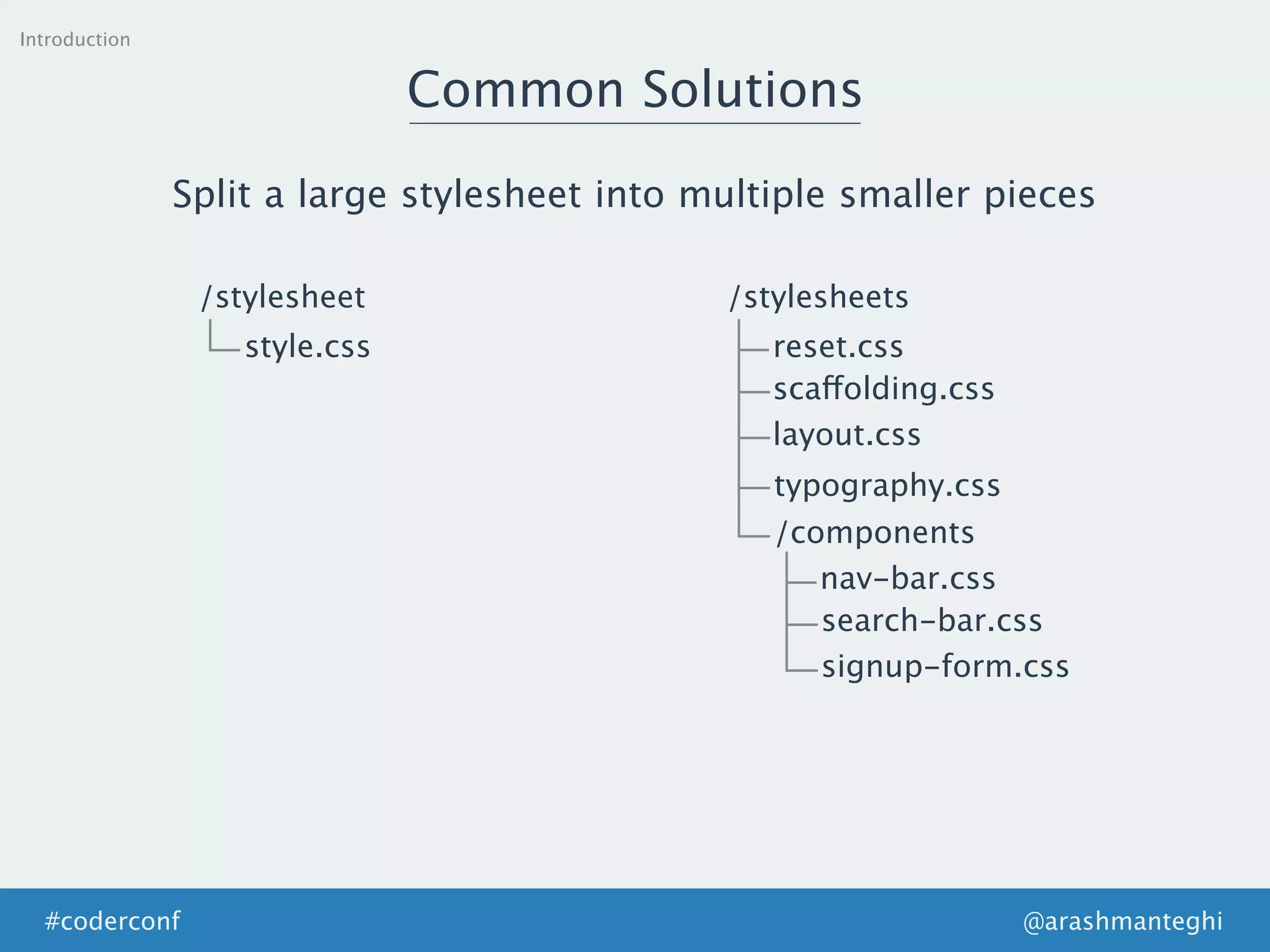 Introduction
Common Solutions
Split a large stylesheet into multiple smaller pieces
/stylesheet
style.css
/stylesheets
reset.css
scaffolding.css
layout.css
typography.css
/components
nav-bar.css
search-bar.css
signup-form.css
@arashmanteghi#coderconf
 