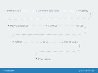 @arashmanteghi#coderconf
Introduction Common Solutions Necessity
MaintainableCSS SMACSS ITCSS
OOCSS BEM CSS Modules
Conclusion
 
