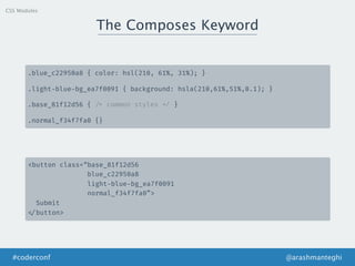 The Composes Keyword
@arashmanteghi#coderconf
.blue_c22950a8 { color: hsl(210, 61%, 31%); }
.light-blue-bg_ea7f0091 { background: hsla(210,61%,51%,0.1); }
.base_81f12d56 { /* common styles */ }
.normal_f34f7fa0 {}
<button class=“base_81f12d56
blue_c22950a8
light-blue-bg_ea7f0091
normal_f34f7fa0”>
Submit
</button>
CSS Modules
 