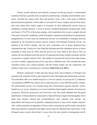 13
Chronic wound infections and antibiotic resistance are driving interest in antimicrobial
treatments that have generally been considered complementary, including antimicrobially active
honey. Australia has unique native flora and produces honey with a wide range of different
physicochemical properties. In this study we surveyed 477 honey samples, derived from native
and exotic plants from various regions of Australia, for their antibacterial activity using an
established screening protocol. A level of activity considered potentially therapeutically useful
was found in 274 (57%) of the honey samples, with exceptional activity seen in samples derived
from marri (Corymbia calophylla), jarrah (Eucalyptus marginata) and jellybush (Leptospermum
polygalifolium). In most cases the antibacterial activity was attributable to hydrogen peroxide
produced by the bee-derived enzyme glucose oxidase. Non-hydrogen peroxide activity was
detected in 80 (16.8%) samples, and was most consistently seen in honey produced from
Leptospermum spp. Testing over time found the hydrogen peroxide- dependent activity in honey
decreased, in some cases by 100%, and this activity was more stable at 4uC than at 25uC. In
contrast, the non-hydrogen peroxide activity of Leptospermum honey samples increased, and this
was greatest in samples stored at 25uC. The stability of non-peroxide activity from other honeys
was more variable, suggesting this activity may have a different cause. We conclude that many
Australian honeys have clinical potential, and that further studies into the composition and
stability of their active constituents are warranted. (Julie Irish et al., 2011)
Phenolic compounds of dark and clear honeys from Trás-os-Montes of Portugal were
extracted with Amberlite XAD-2 and evaluated for their antioxidant and antimicrobial activities.
The antioxidant effect was studied using the in vitro test capacity of scavenge the 2,2-diphenyl-
1-picryhydrazyl (DPPH) free radical and of reducing power of iron (III)/ferricyanide complex.
The antimicrobial activity was screened using three Gram-positive bacteria (Bacillus subtilis,
Staphylococcus aureus, Staphylococcus lentus) and three Gram-negative bacteria (Pseudomonas
aeruginosa, Klebsiella pneumoniae and Escherichia coli). The results obtained from the partial
identiﬁcation of honey phenolic compounds by high-performance liquid chromatography with a
diode array detector showed that p-hydroxibenzoic acid, cinnamic acid, naringe- nin,
pinocembrin and chrysin are the phenolic compounds present in most of the samples analyzed.
Anti- oxidant potential was dependent of honey extract concentration and the results showed that
dark honey phenolic compounds had higher activity than the obtained from clear honey. In the
biological assays, results showed that S. aureus were the most sensitive microrganisms and B.
 