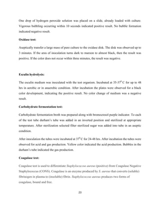 23
One drop of hydrogen peroxide solution was placed on a slide, already loaded with culture.
Vigorous bubbling occurring within 10 seconds indicated positive result. No bubble formation
indicated negative result.
Oxidase test:
Aseptically transfer a large mass of pure culture to the oxidase disk. The disk was observed up to
3 minutes. If the area of inoculation turns dark to maroon to almost black, then the result was
positive. If the color does not occur within three minutes, the result was negative.
Esculin hydrolysis:
The esculin medium was inoculated with the test organism. Incubated at 35-370
C for up to 48
hrs in aerobic or in anaerobic condition. After incubation the plates were observed for a black
color development, indicating the positive result. No color change of medium was a negative
result.
Carbohydrate fermentation test:
Carbohydrate fermentation broth was prepared along with bromocresol purple indicator. To each
of the test tube durham‘s tube was added in an inverted position and sterilized at appropriate
temperature. After sterilization selected filter sterilized sugar was added into tube in an aseptic
condition.
After inoculation the tubes were incubated at 370
C for 24-48 hrs. After incubation the tubes were
observed for acid and gas production. Yellow color indicated the acid production. Bubbles in the
durham‘s tube indicated the gas production.
Coagulase test:
Coagulase test is used to differentiate Staphylococcus aureus (positive) from Coagulase Negative
Staphylococcus (CONS). Coagulase is an enzyme produced by S. aureus that converts (soluble)
fibrinogen in plasma to (insoluble) fibrin. Staphylococcus aureus produces two forms of
coagulase, bound and free.
 