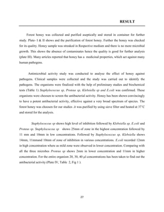 27
RESULT
Forest honey was collected and purified aseptically and stored in container for further
study. Plate- I & II shows and the purification of forest honey. Further the honey was checked
for its quality. Honey sample was streaked in Respective medium and there is no more microbial
growth. This shows the absence of contaminates hence the quality is good for further analysis
(plate III). Many articles reported that honey has a medicinal properties, which act against many
human pathogens.
Antimicrobial activity study was conducted to analyse the effect of honey against
pathogens. Clinical samples were collected and the study was carried out to identify the
pathogens. The organisms were finalized with the help of preliminary studies and biochemical
tests (Table 1) Staphylococcus sp, Proteus sp, Klebsiella sp and E.coli was confirmed. These
organisms were choosen to screen the antibacterial activity. Honey has been shown convincingly
to have a potent antibacterial activity, effective against a very broad spectrum of species. The
forest honey was choosen for our studies .it was purified by using sieve filter and heated at 37˚C
and stored for the analysis.
Staphylococcus sp shows high level of inhibition followed by Klebsiella sp, E.coli and
Proteus sp. Staphylococcus sp shows 25mm of zone in the highest concentration followed by
11 mm and 10mm in low concentrations. Followed by Staphylococcus sp, Klebsiella shows
14mm, 11mmand 10mm of zone of inhibition in various concentrations. E.coli recorded 12mm
in high concentration where as mild zone were observed in lower concentration. Comparing with
all the three microbes Proteus sp shows 2mm in lower concentration and 11mm in higher
concentration. For the entire organism 20, 30, 40 µl concentrations has been taken to find out the
antibacterial activity (Plate IV, Table 2, Fig 1 ).
 