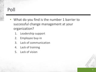 Poll
• What do you find is the number 1 barrier to
successful change management at your
organization?
1. Leadership suppor...